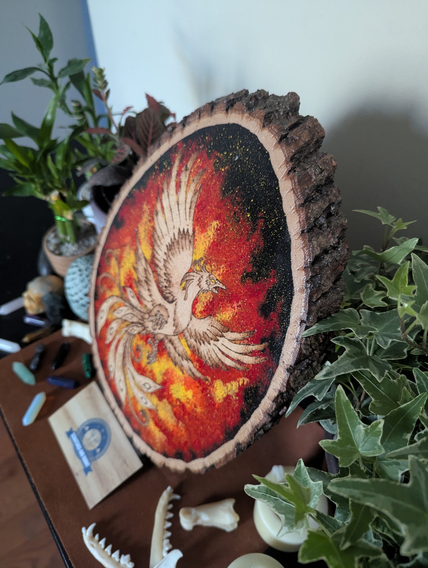 'Phoenix Rising' Pyrography with Acrylics, on Wood Desk/Wall Art, Small