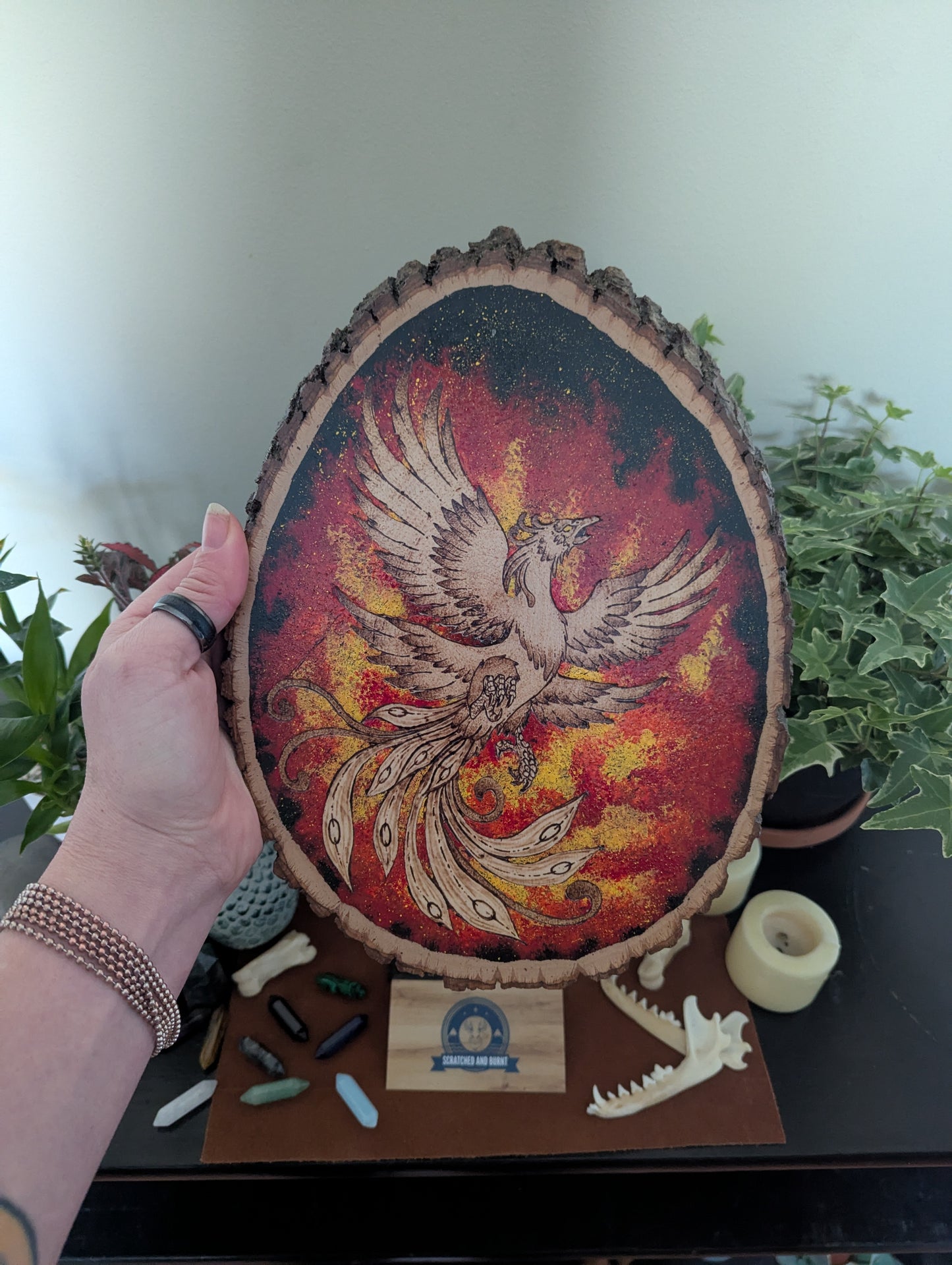 'Phoenix Rising' Pyrography with Acrylics, on Wood Desk/Wall Art, Small