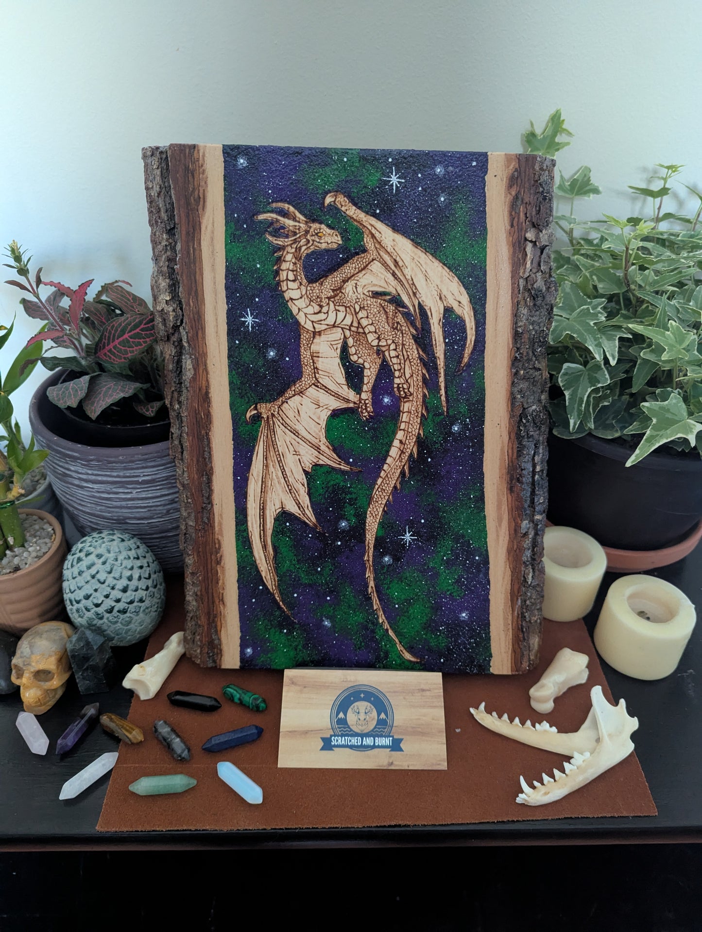 'Celestial Dragon Flight' Pyrography with Acrylics on Wood Desk/Wall Art