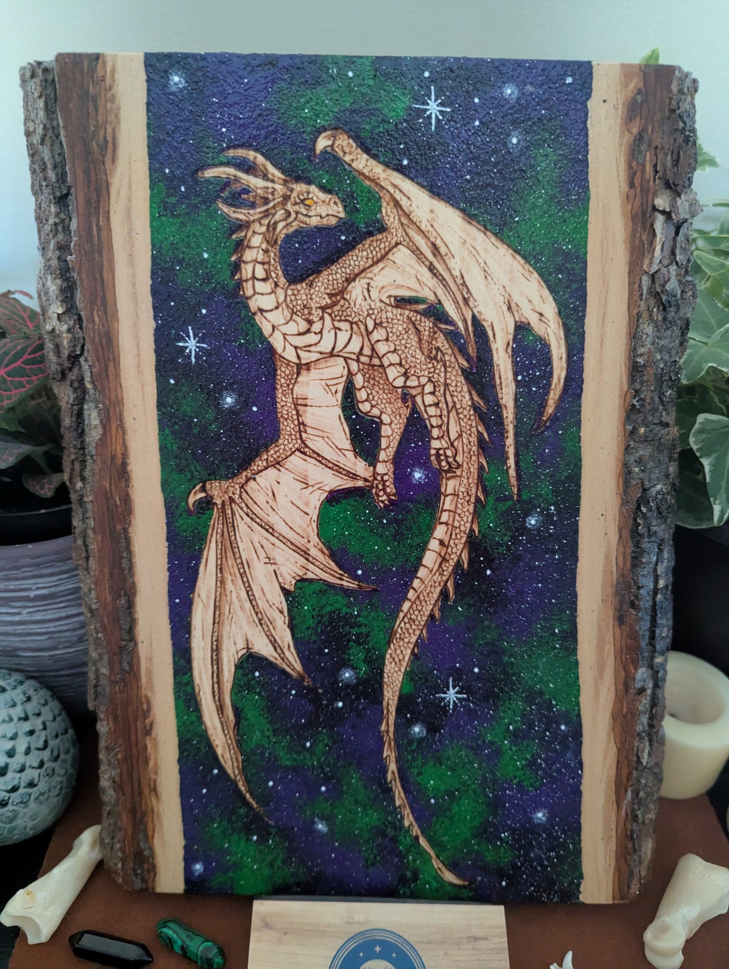 'Celestial Dragon Flight' Pyrography with Acrylics on Wood Desk/Wall Art