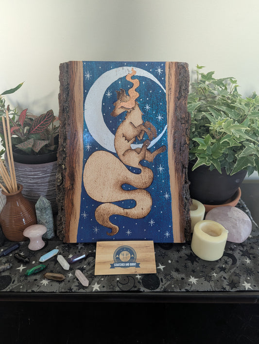 'Moonlit Fox Magic', Pyrography with Acrylics on Wood Desk/Wall Art