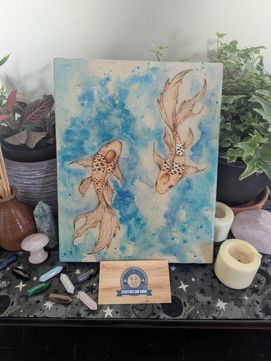 'Calm Waters, Gentle Koi', Pyrography with Watercolors, on Wood, Wall/ Desk Art