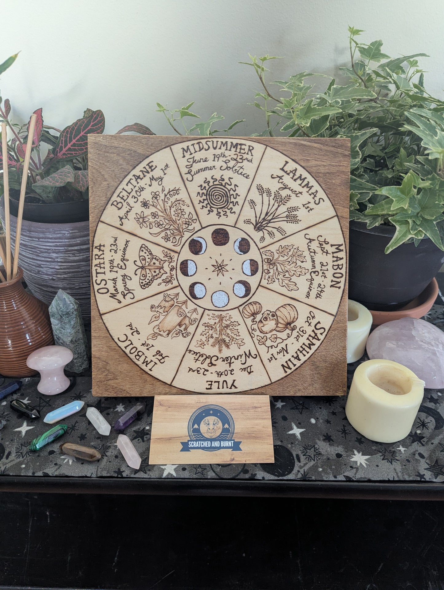 'Wheel of the Year – Simmer Pot Magic' Pyrography with Gold Foil Edger on Wood, Desk/Wall Art