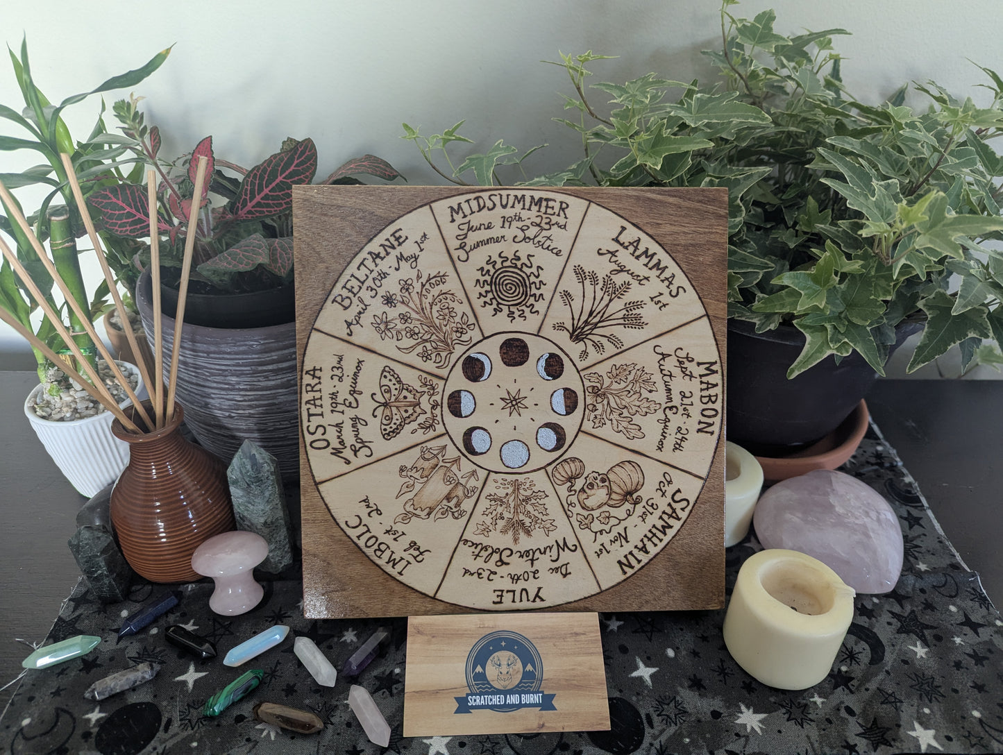 'Wheel of the Year – Simmer Pot Magic' Pyrography with Gold Foil Edger on Wood, Desk/Wall Art