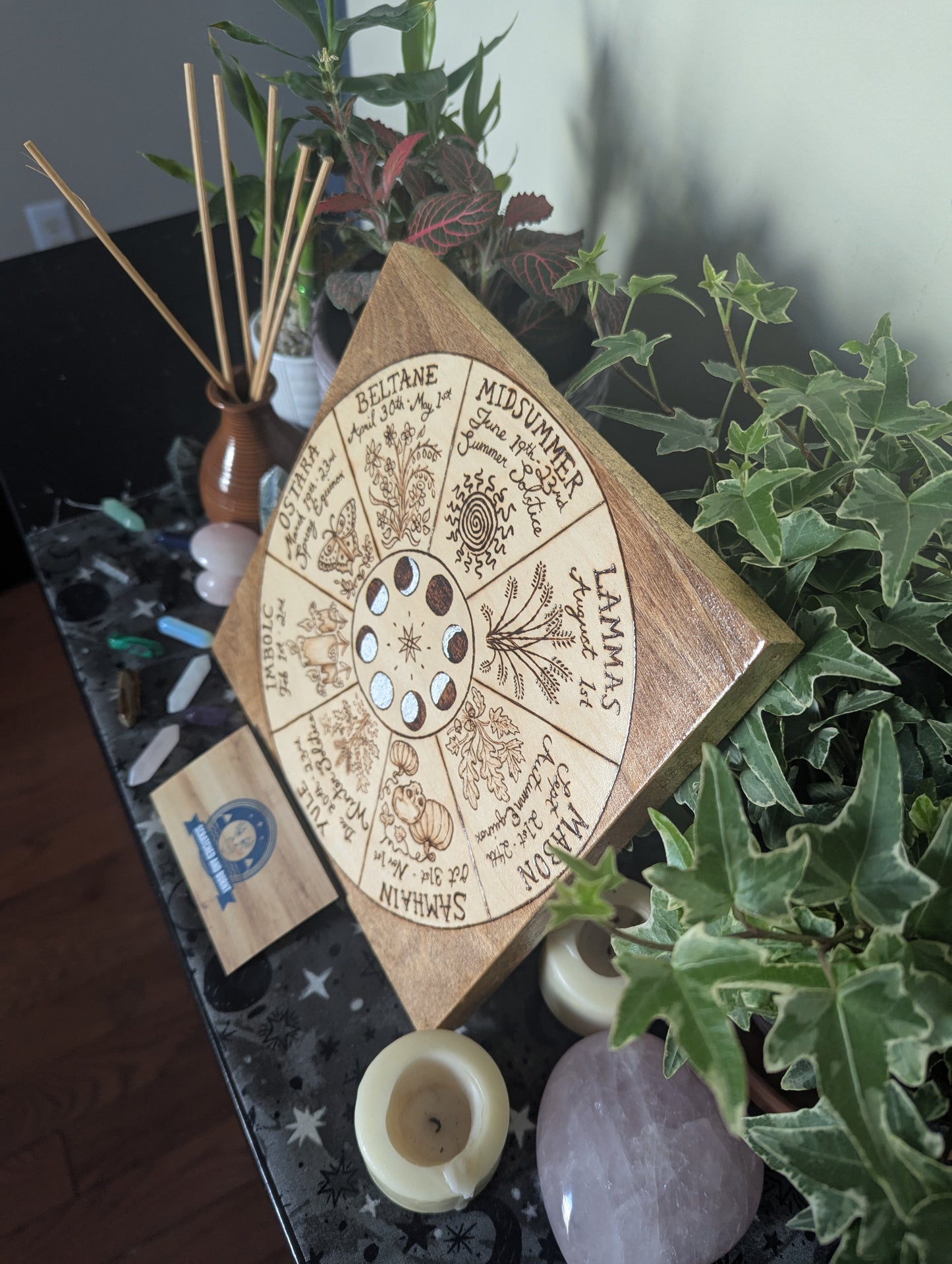 'Wheel of the Year – Simmer Pot Magic' Pyrography with Gold Foil Edger on Wood, Desk/Wall Art