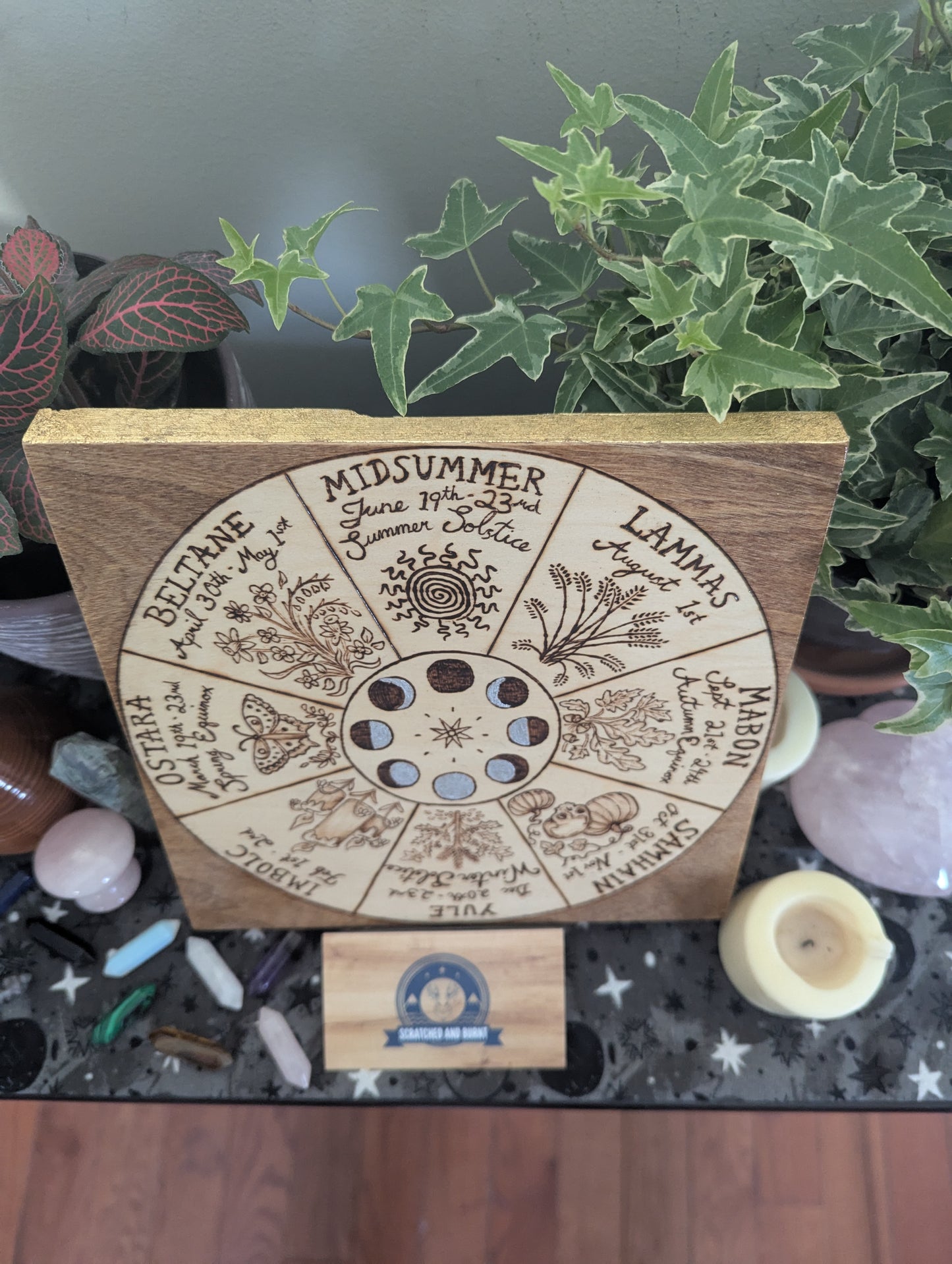 'Wheel of the Year – Simmer Pot Magic' Pyrography with Gold Foil Edger on Wood, Desk/Wall Art