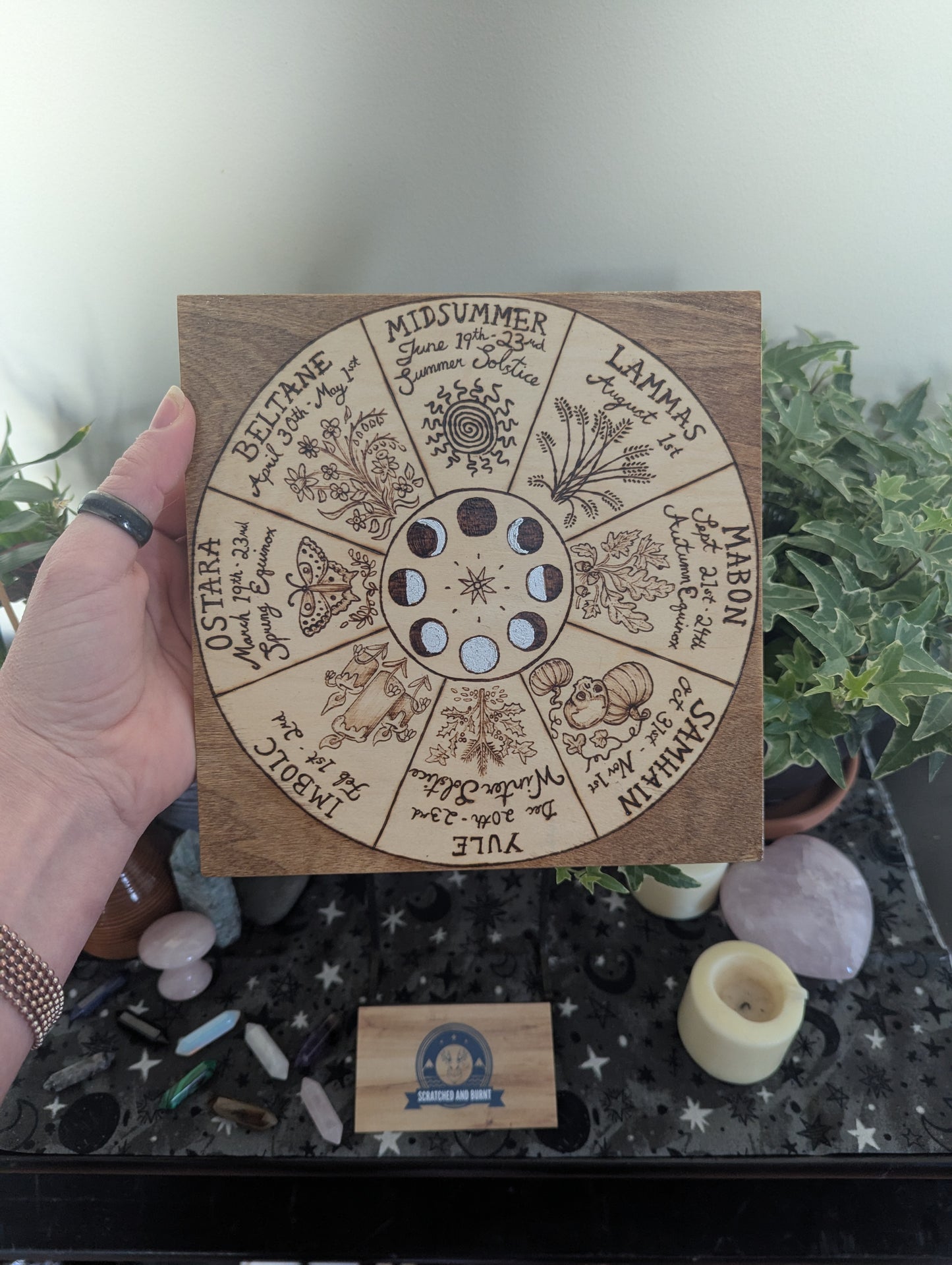 'Wheel of the Year – Simmer Pot Magic' Pyrography with Gold Foil Edger on Wood, Desk/Wall Art