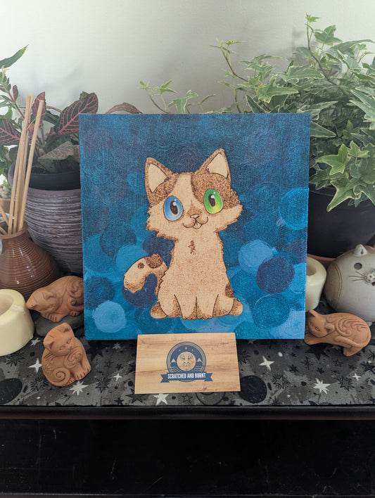 'Mismatched Eyes & Mischievous Blep' Cat, Pyrography with Paints, on Wood, Wall/ Desk Art