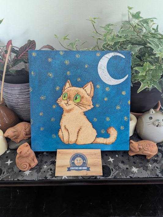 'Fireflies & Moonlight Cat', Pyrography with Paints, on Wood, Wall/ Desk Art