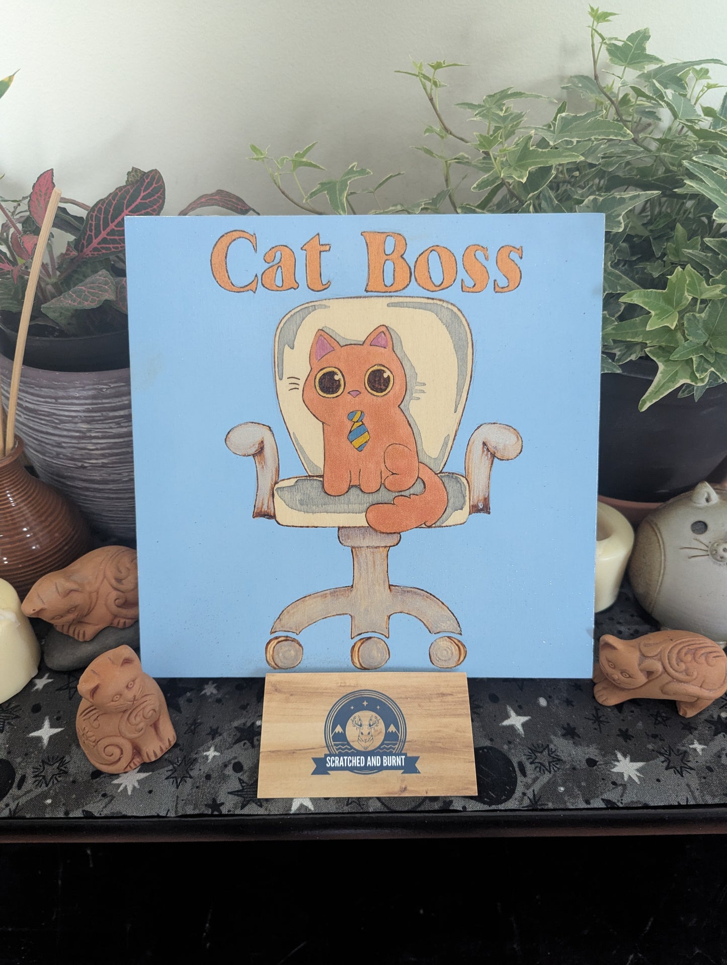 'Cat Boss – The Real CEO', Pyrography with Paints, on Wood, Wall/ Desk Art