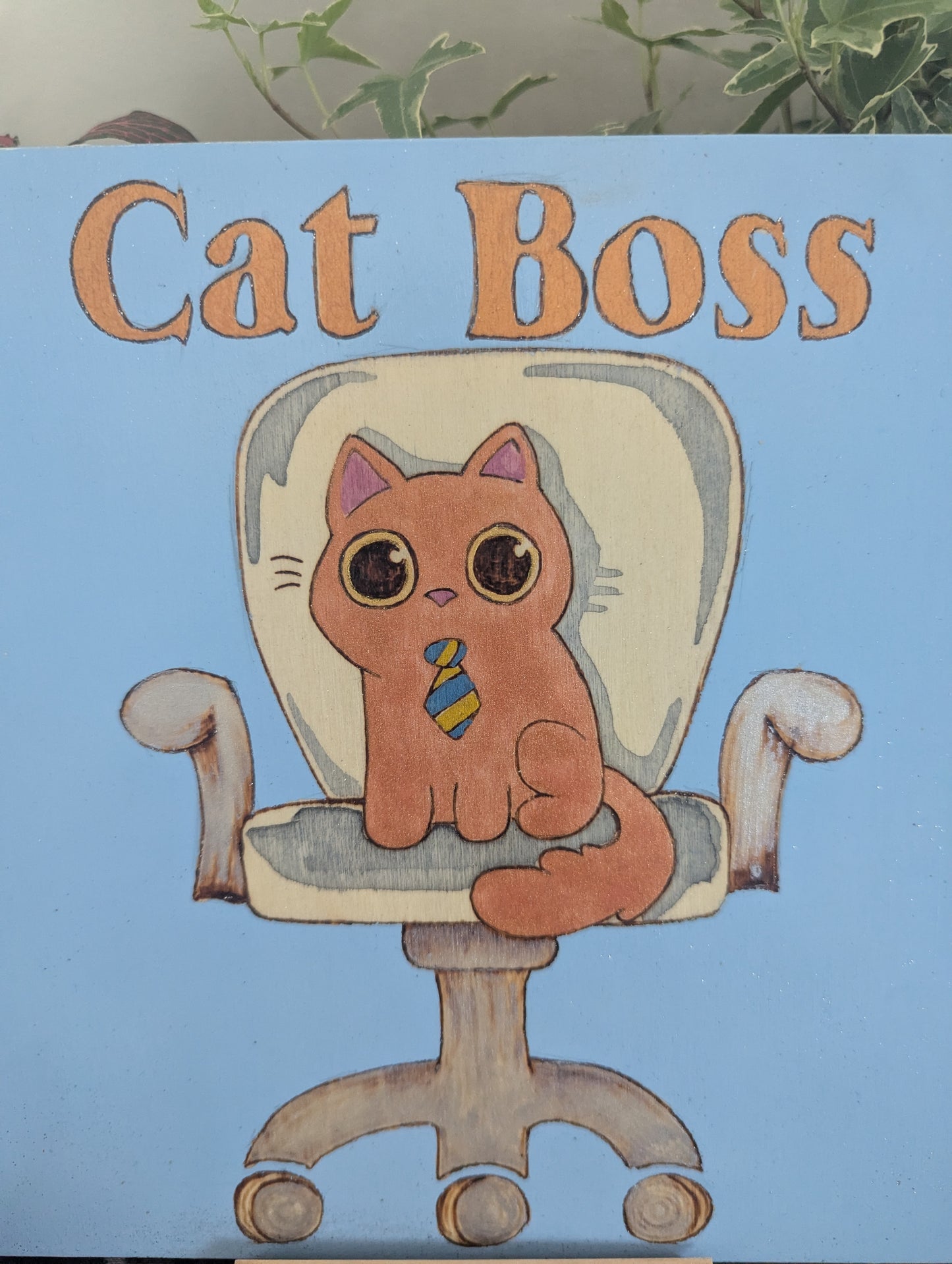 'Cat Boss – The Real CEO', Pyrography with Paints, on Wood, Wall/ Desk Art