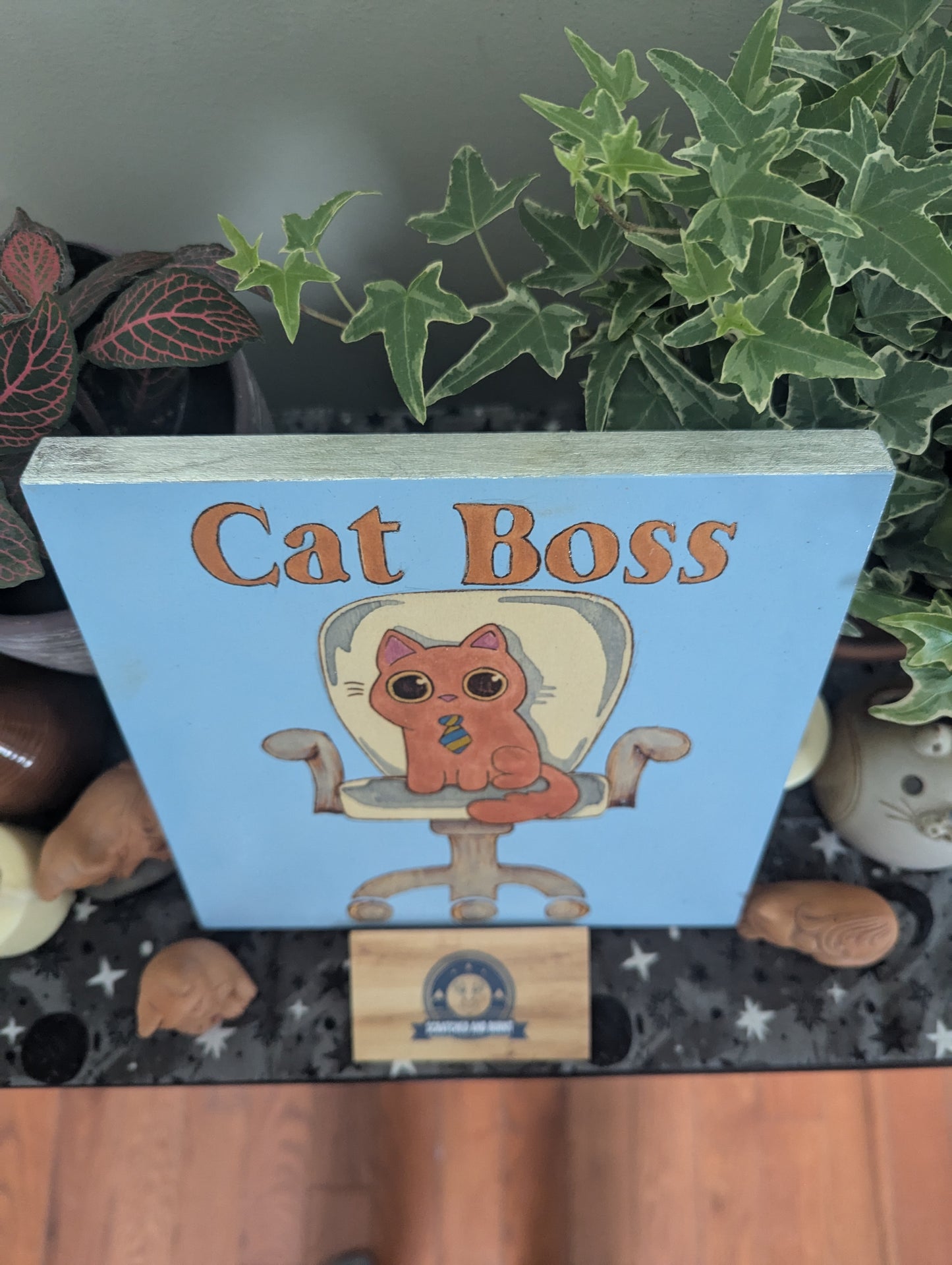 'Cat Boss – The Real CEO', Pyrography with Paints, on Wood, Wall/ Desk Art