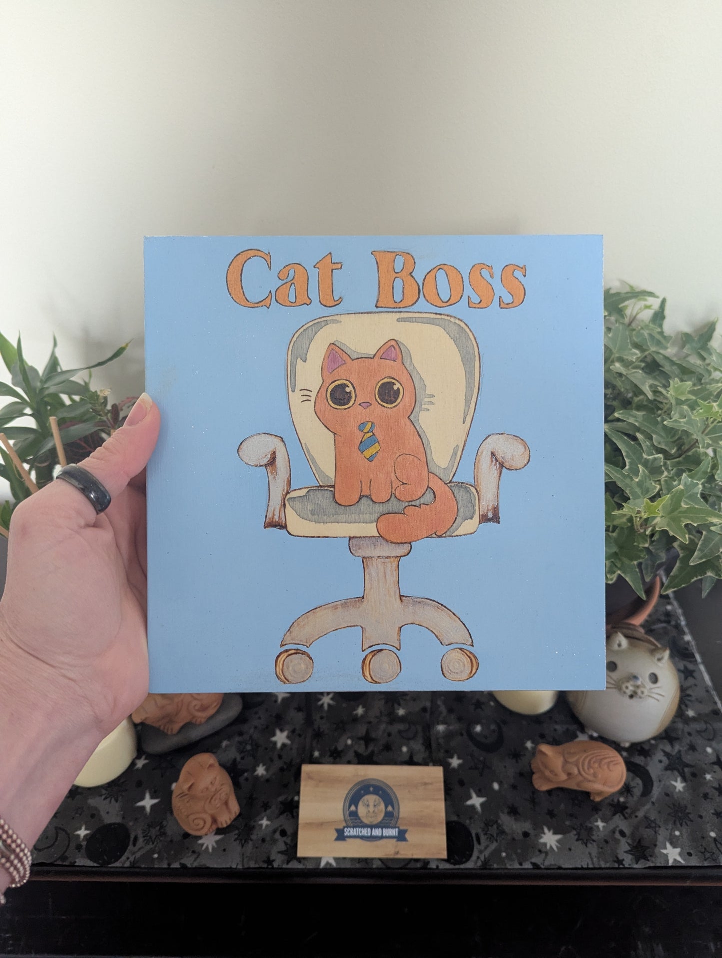 'Cat Boss – The Real CEO', Pyrography with Paints, on Wood, Wall/ Desk Art