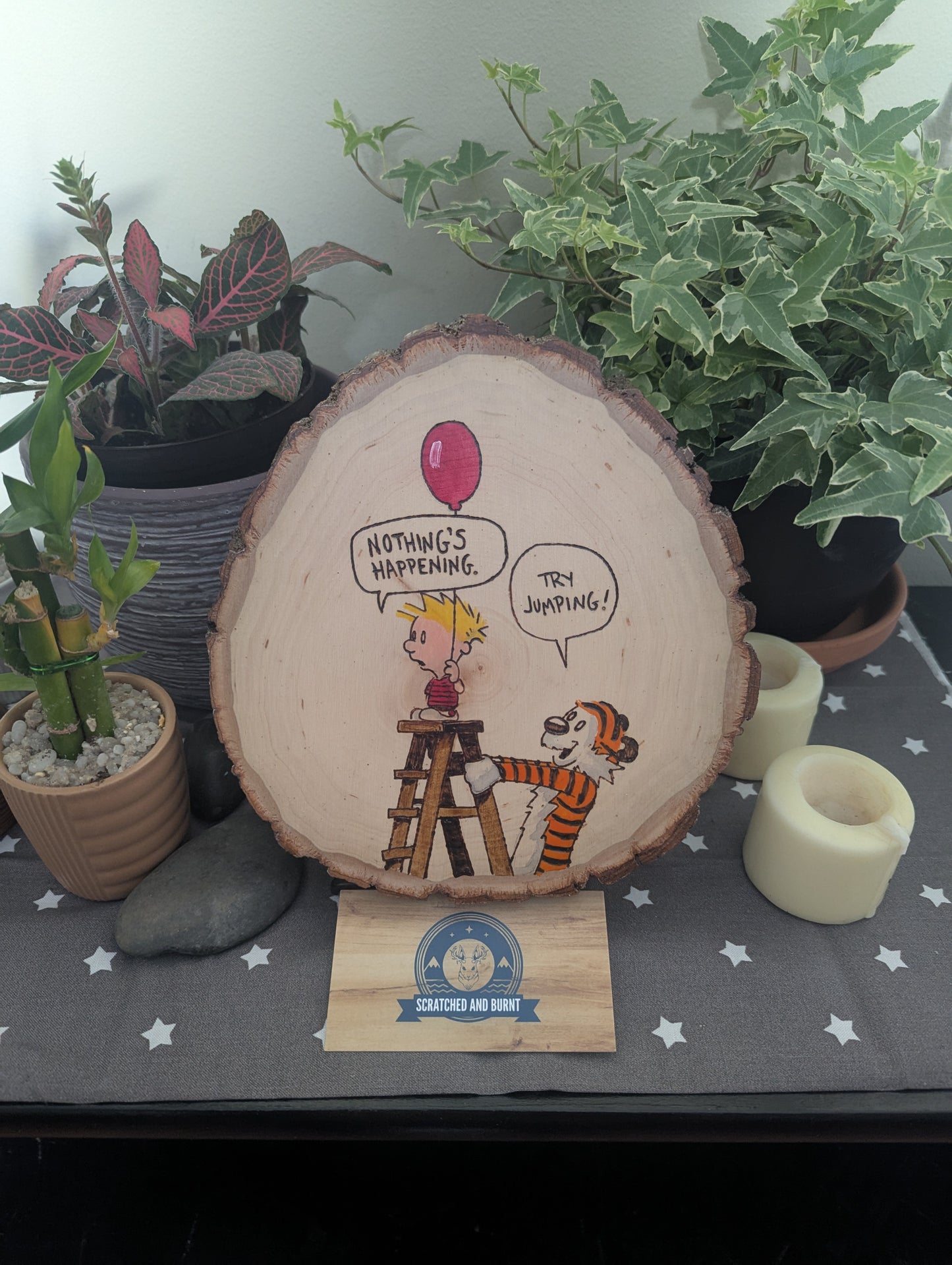 Calvin and Hobbes 'Try Jumping' Pyrography on Wood Canvas