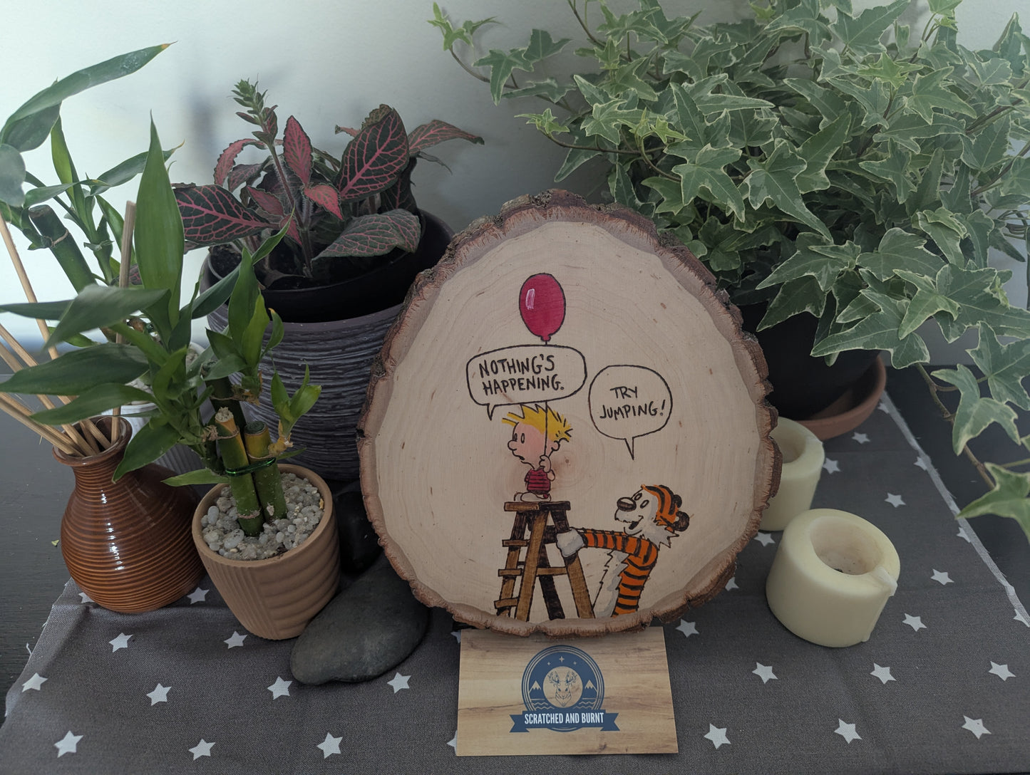 Calvin and Hobbes 'Try Jumping' Pyrography on Wood Canvas