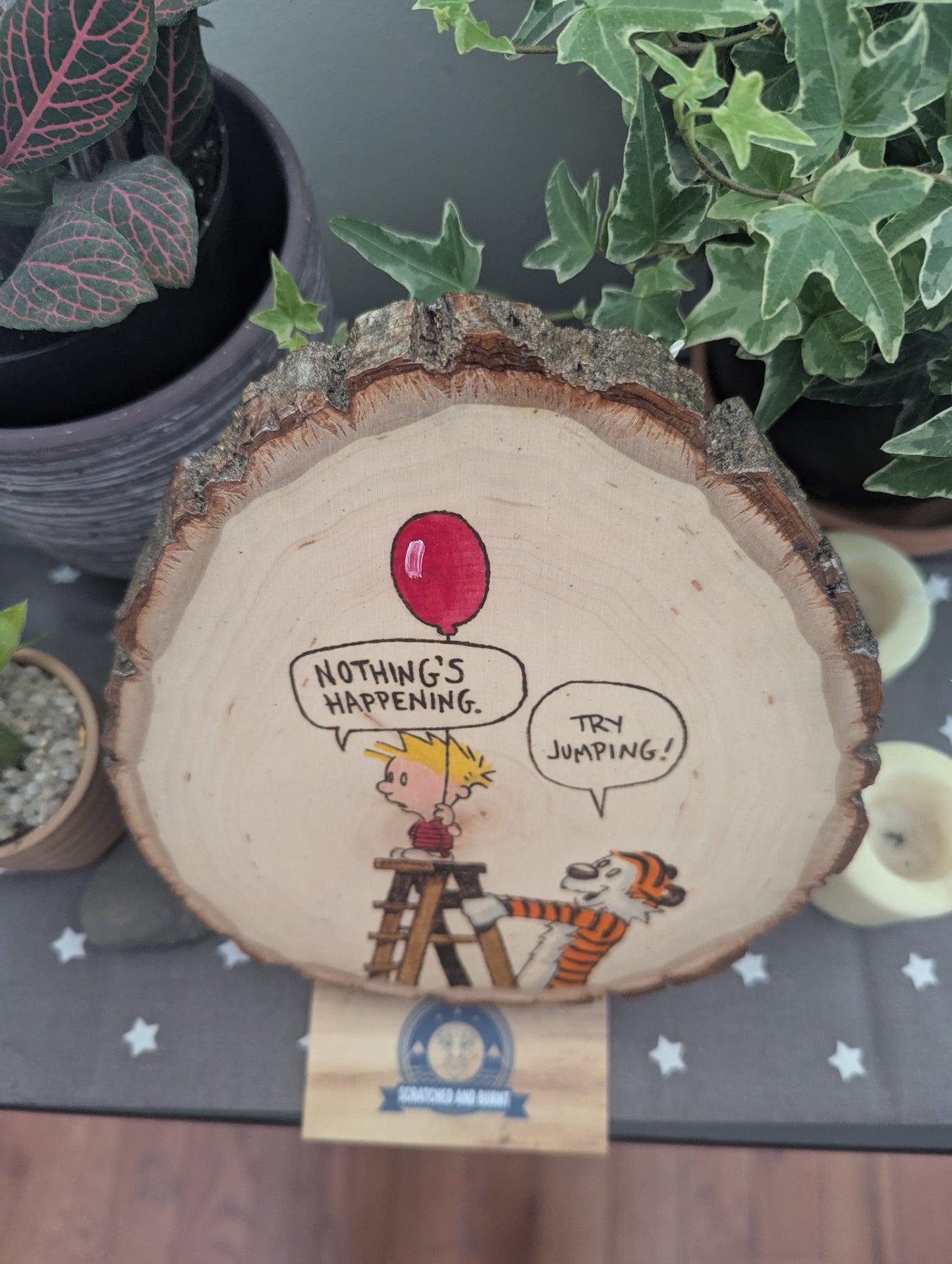 Calvin and Hobbes 'Try Jumping' Pyrography on Wood Canvas