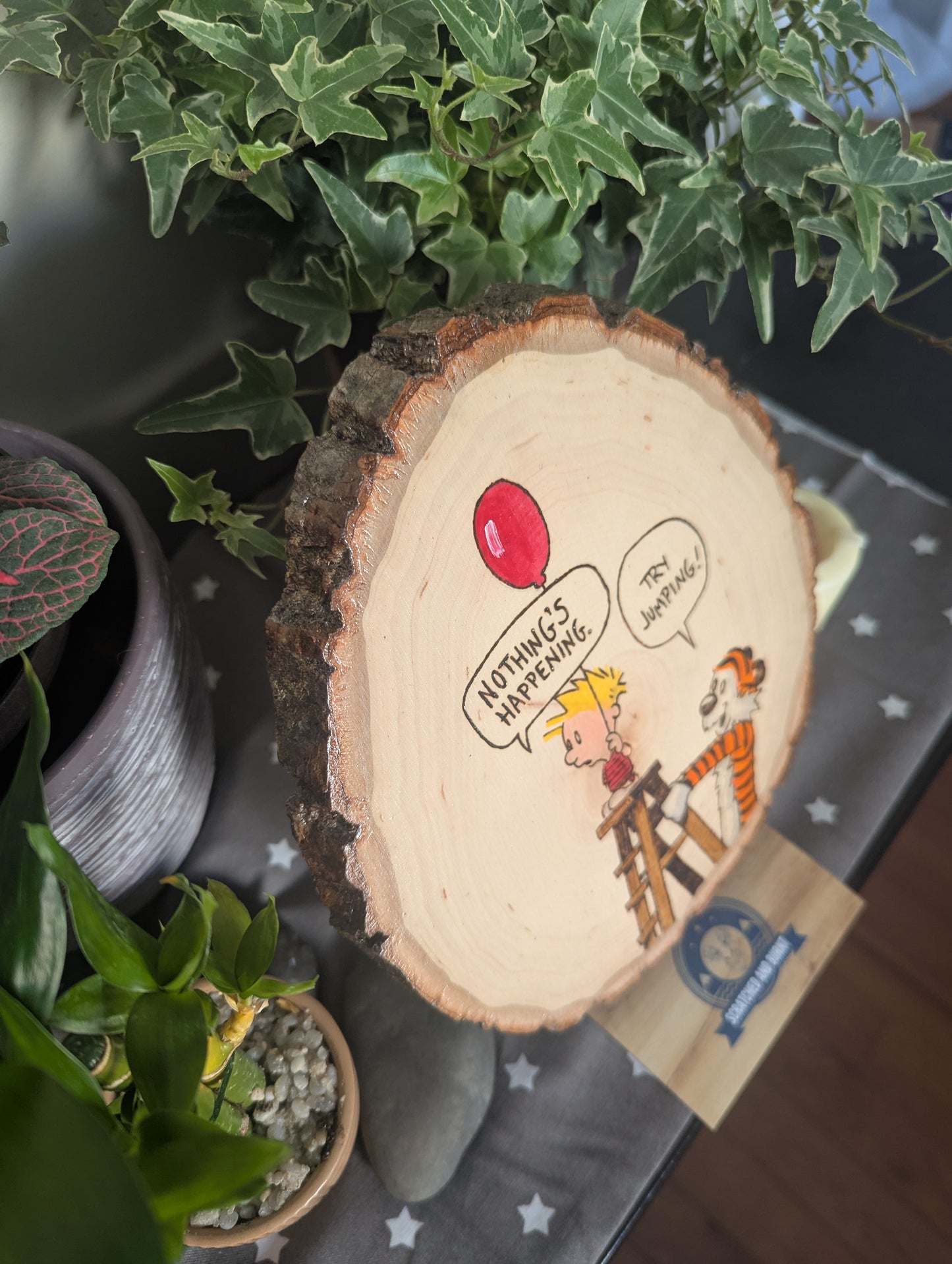 Calvin and Hobbes 'Try Jumping' Pyrography on Wood Canvas