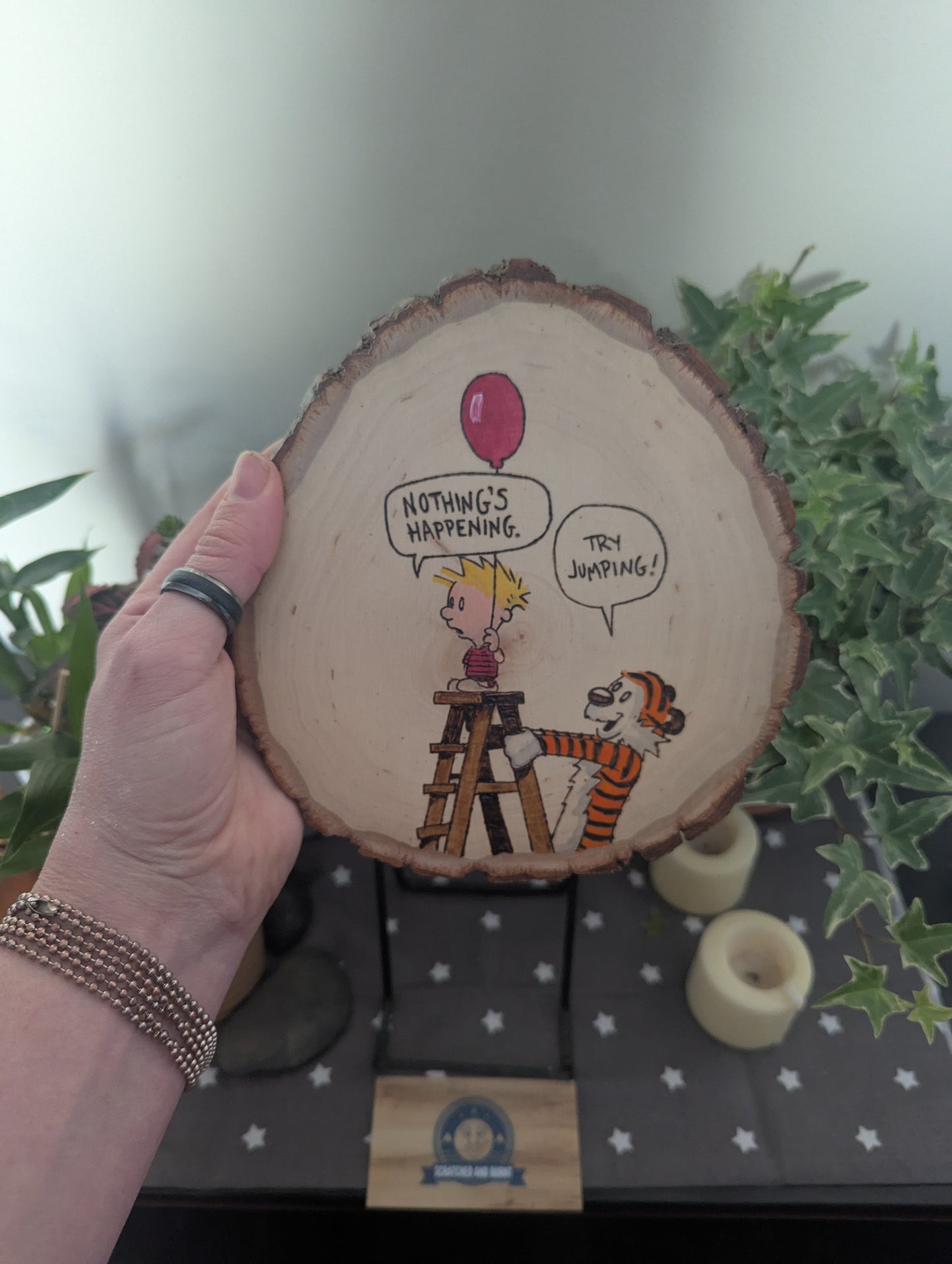 Calvin and Hobbes 'Try Jumping' Pyrography on Wood Canvas