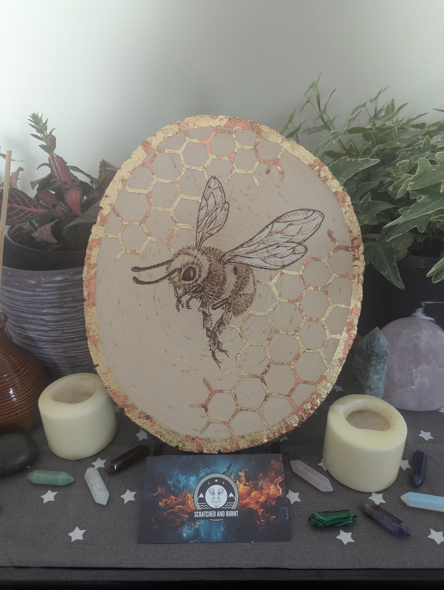 'Bee & Gold', Pyrography with Gold Foil Accents on Wood, Desk/Wall Art