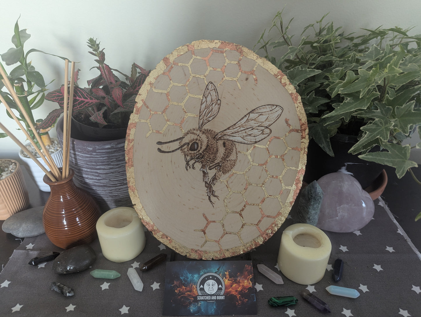 'Bee & Gold', Pyrography with Gold Foil Accents on Wood, Desk/Wall Art