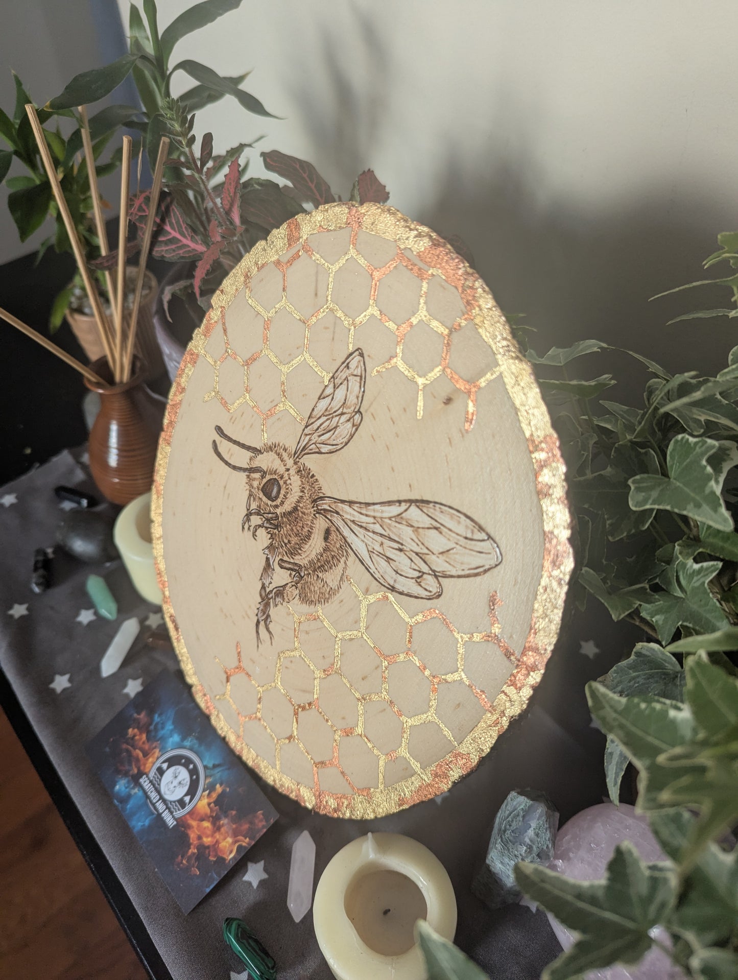 'Bee & Gold', Pyrography with Gold Foil Accents on Wood, Desk/Wall Art