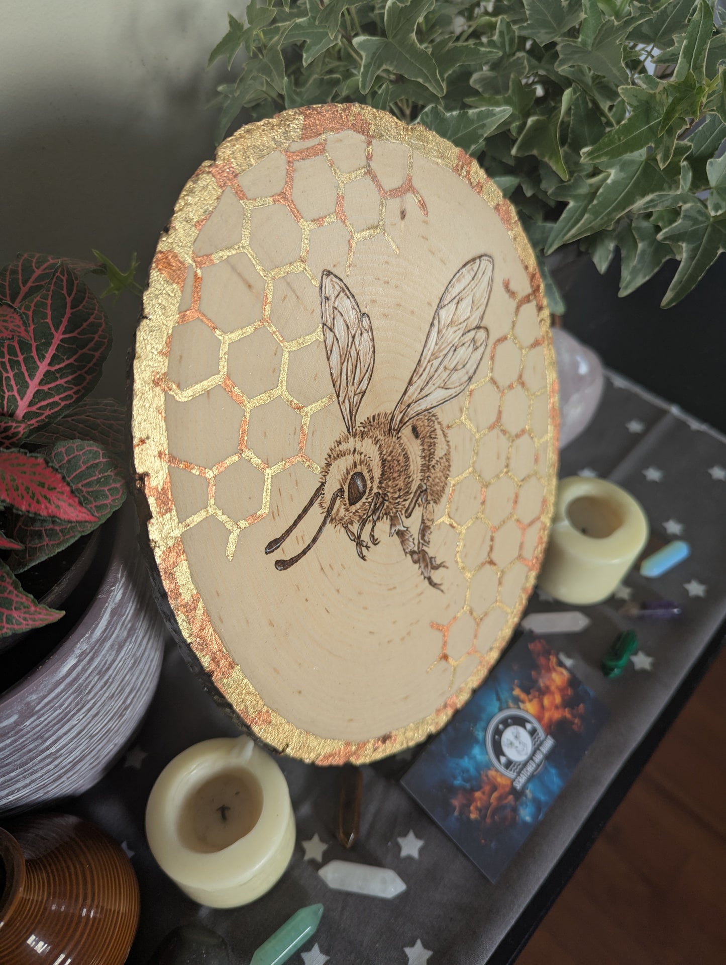 'Bee & Gold', Pyrography with Gold Foil Accents on Wood, Desk/Wall Art