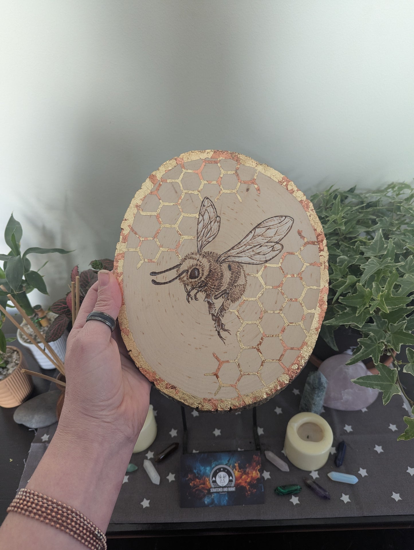 'Bee & Gold', Pyrography with Gold Foil Accents on Wood, Desk/Wall Art