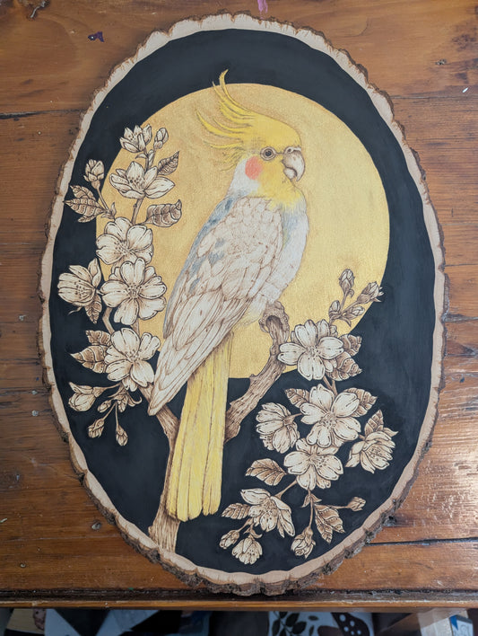 Custom Piece, Parakeet w/ Floral and Gold Paint, Pyrography on Wood Plaque