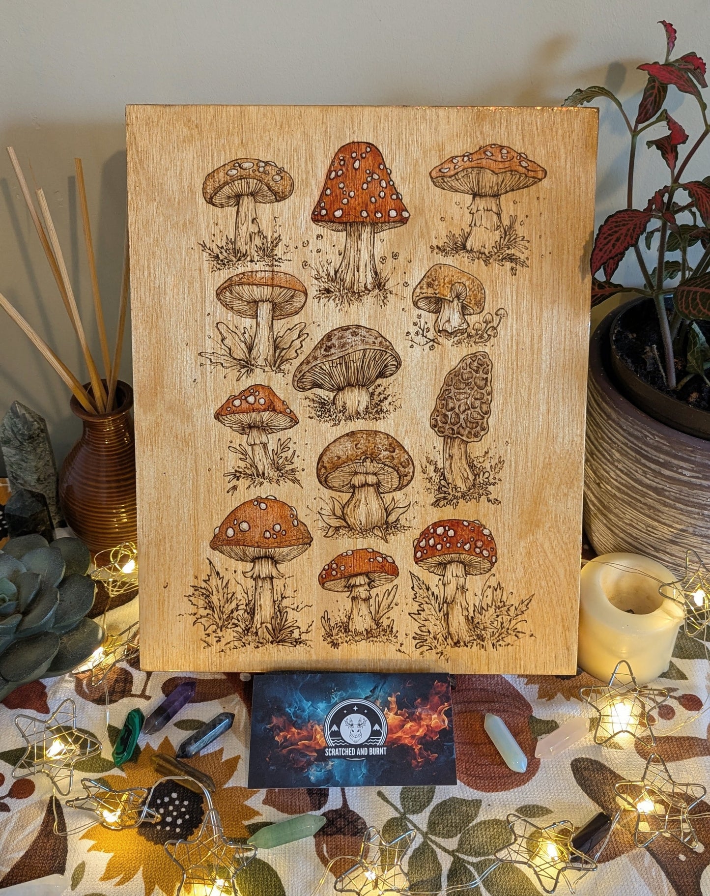 Wooden board with mushroom illustrations on a decorative surface with plants and lights.