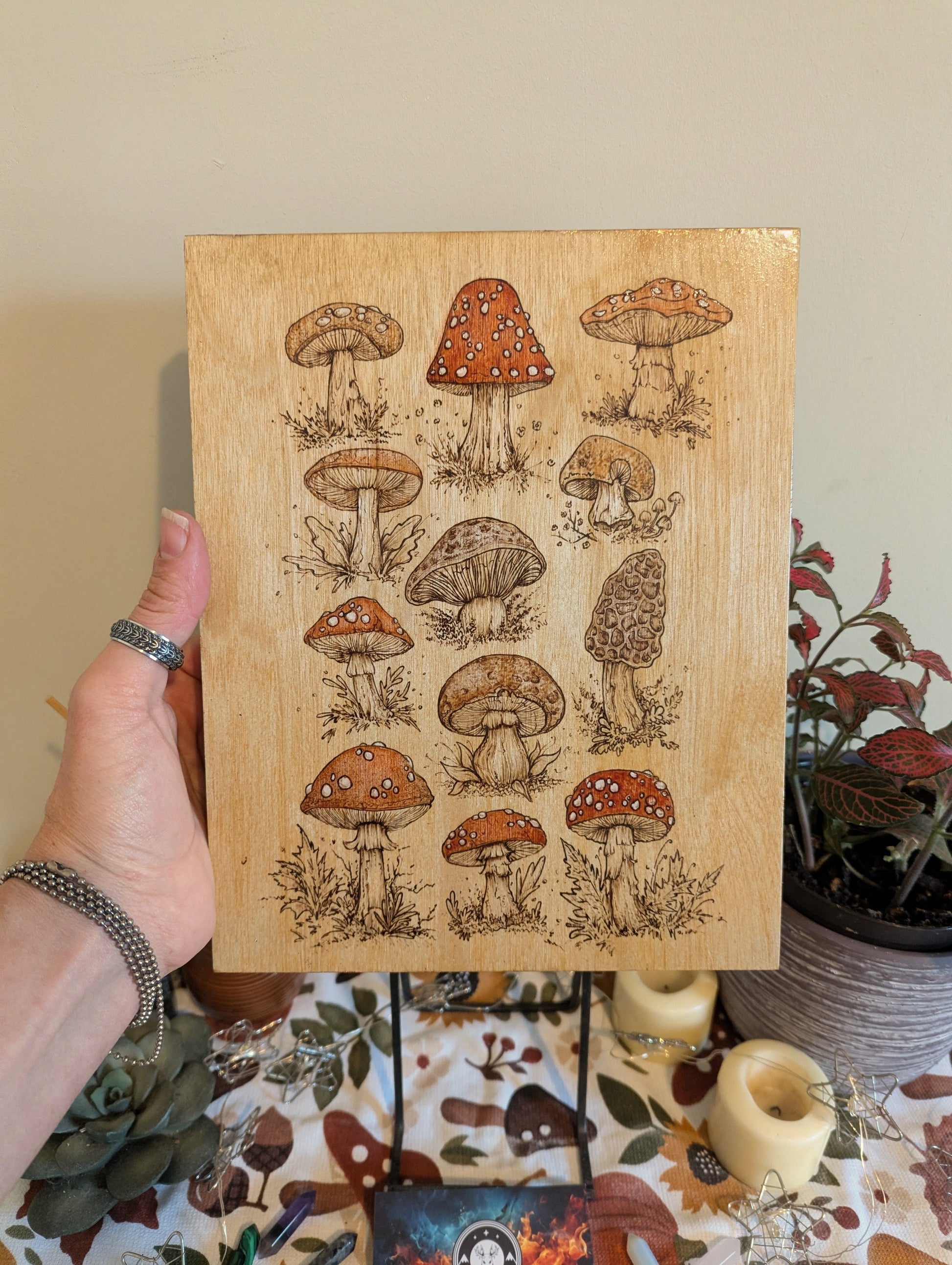 Wooden block with mushroom illustrations held by a hand on a decorative surface.