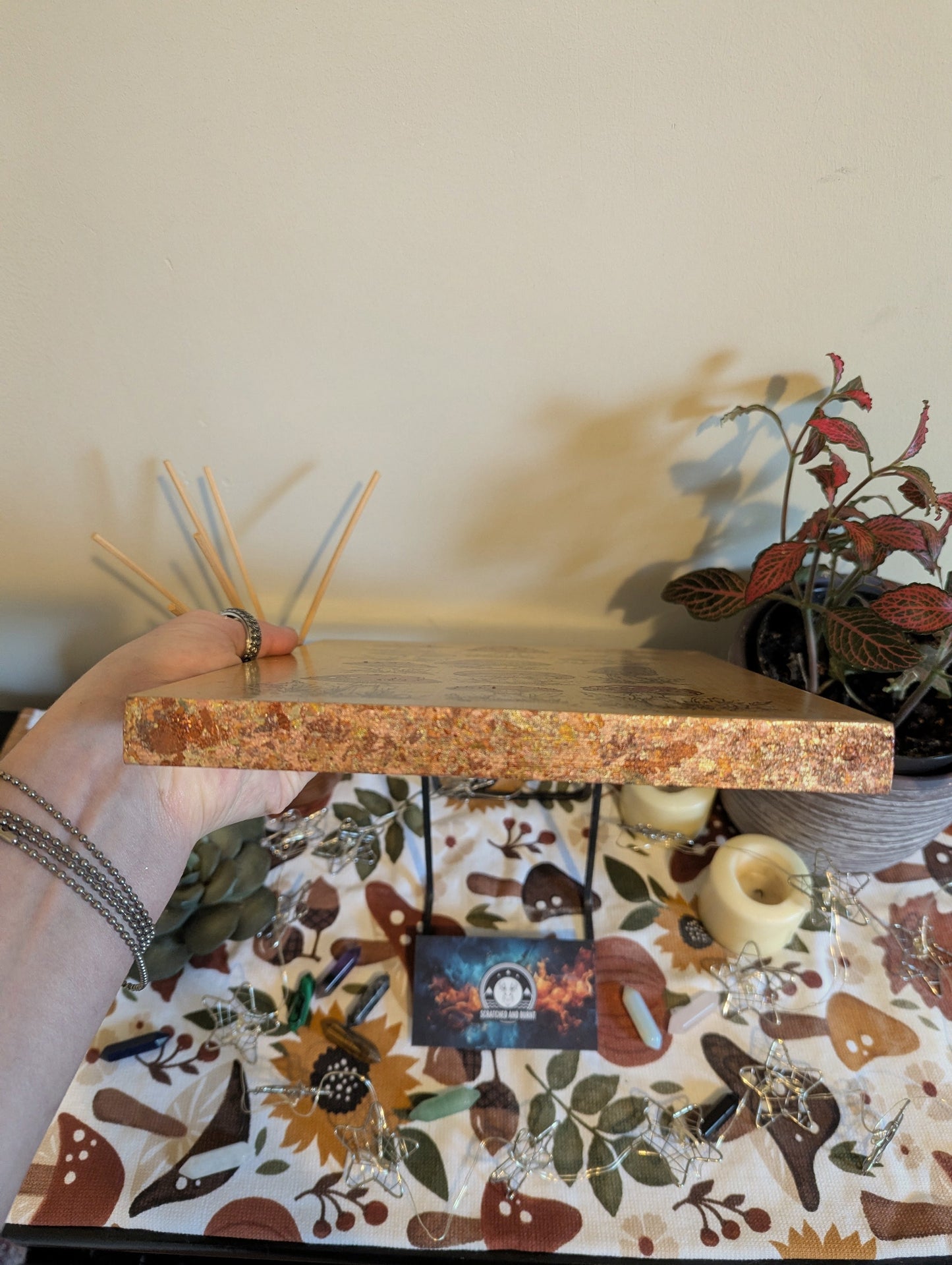 Golden Mushrooms, Pyrography w/ Colored Stains, Desk/Wall Art