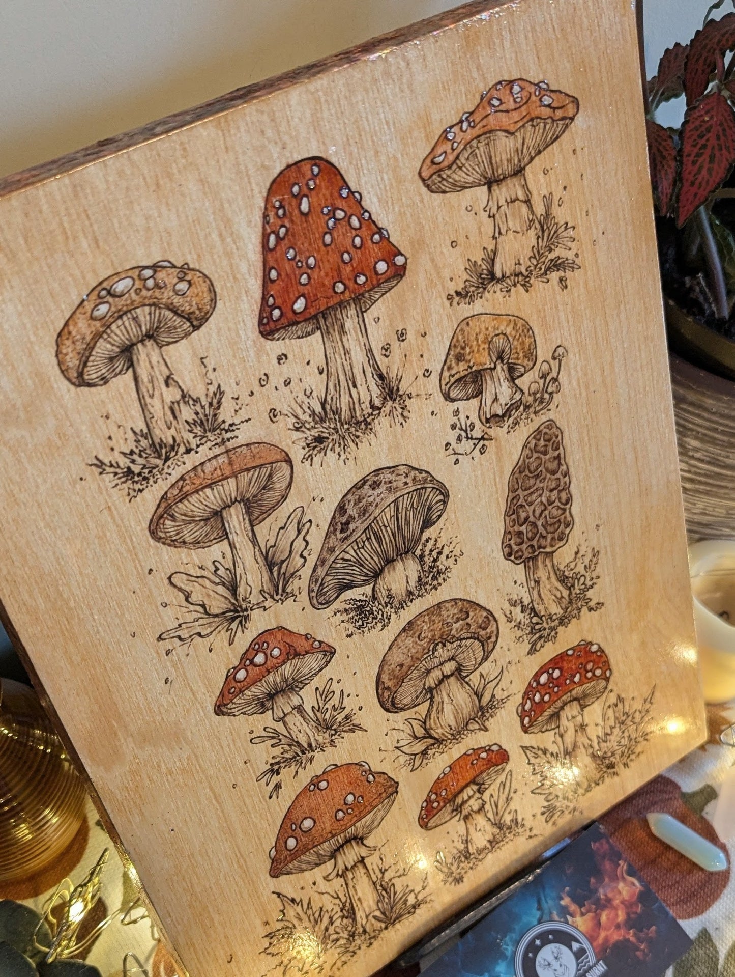 Golden Mushrooms, Pyrography w/ Colored Stains, Desk/Wall Art