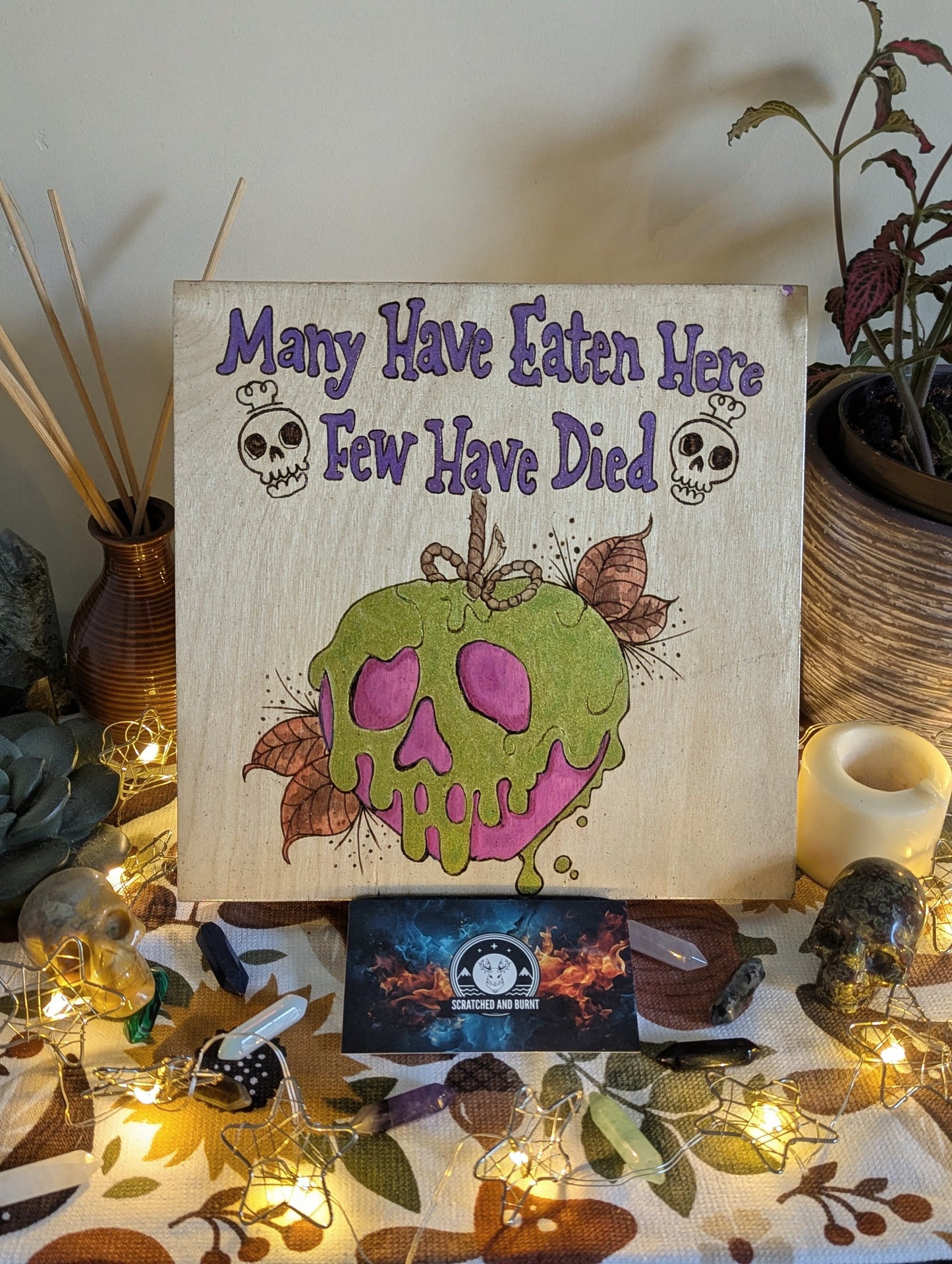 Many Have Eaten Here, Few Have Died w/ Poison Apple, Pyrography with Watercolors, on Wood, Wall/ Desk Art