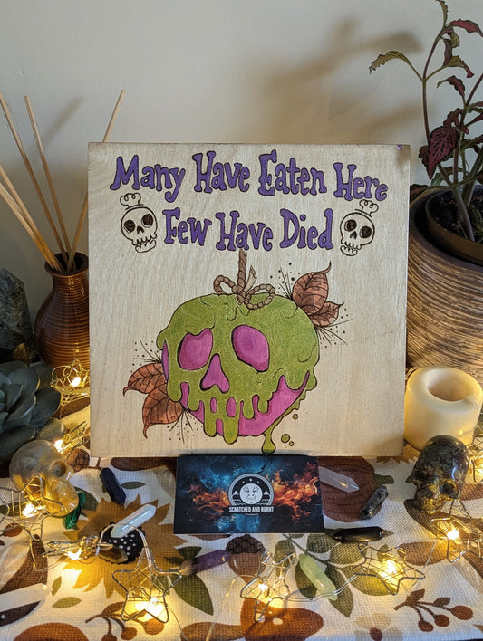 Many Have Eaten Here, Few Have Died w/ Poison Apple, Pyrography with Watercolors, on Wood, Wall/ Desk Art