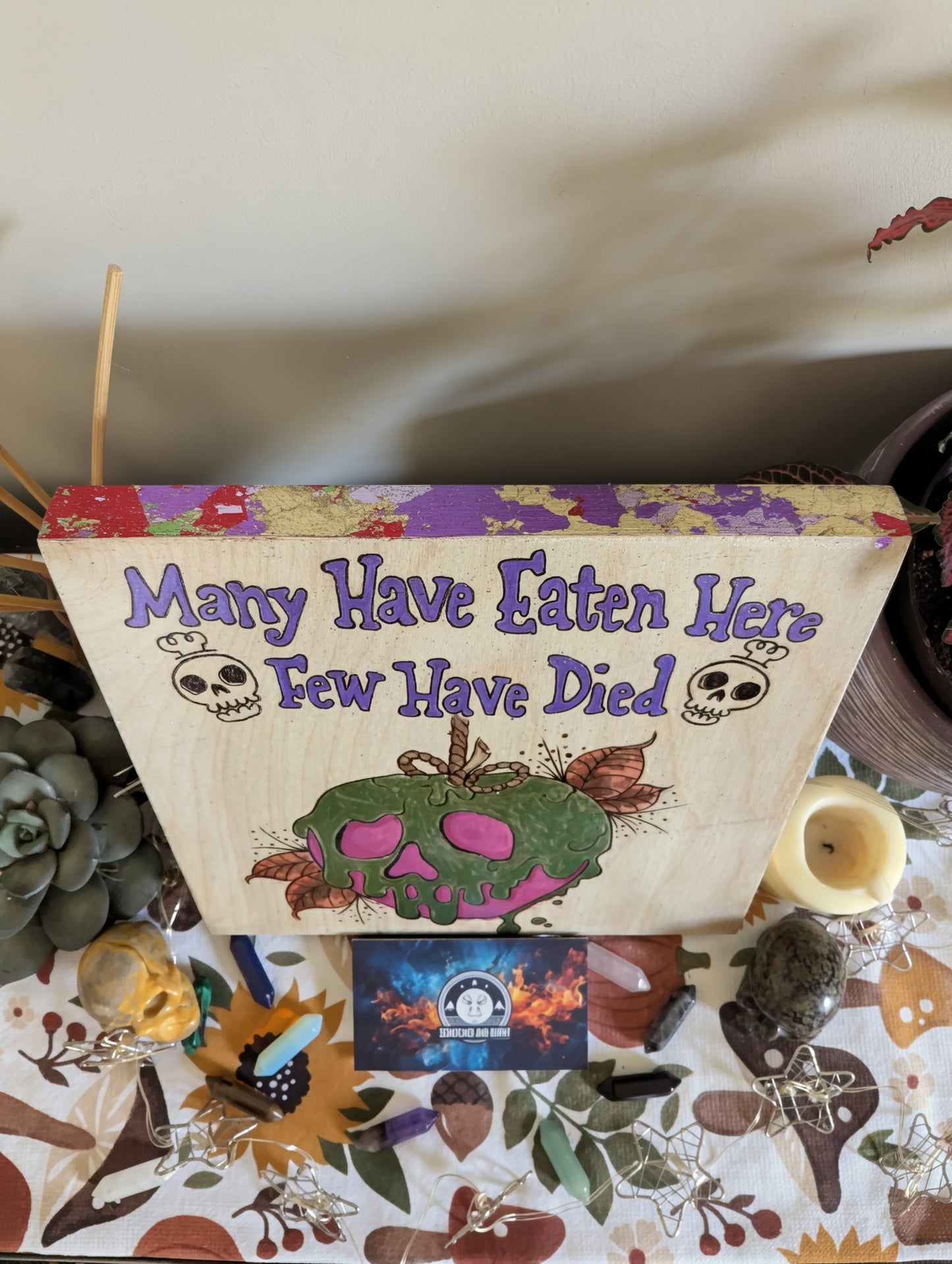 Many Have Eaten Here, Few Have Died w/ Poison Apple, Pyrography with Watercolors, on Wood, Wall/ Desk Art