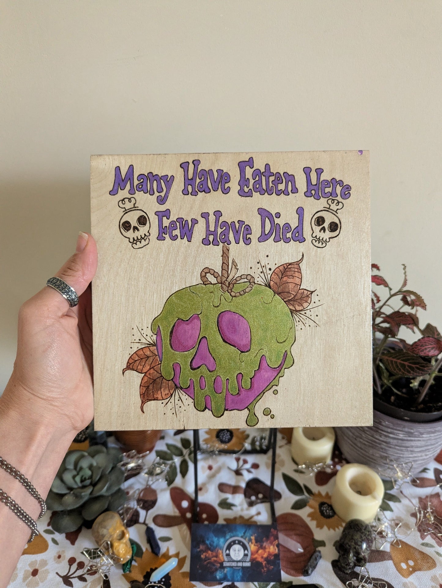 Many Have Eaten Here, Few Have Died w/ Poison Apple, Pyrography with Watercolors, on Wood, Wall/ Desk Art