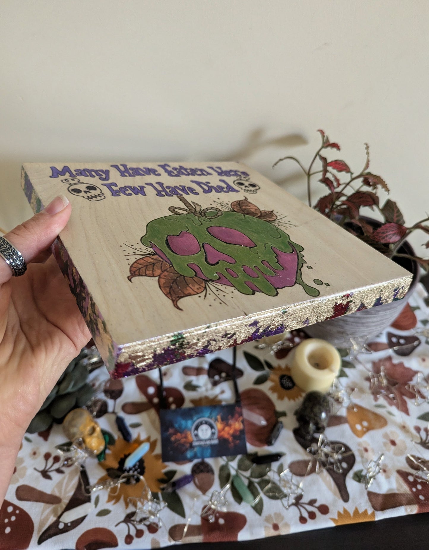 Many Have Eaten Here, Few Have Died w/ Poison Apple, Pyrography with Watercolors, on Wood, Wall/ Desk Art