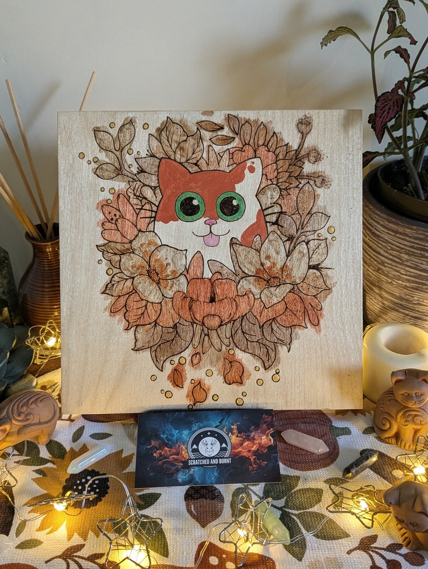 Cat in Bloom, Pyrography w/ Watercolors, Colored Foil Accents, on Wood, Wall/ Desk Art