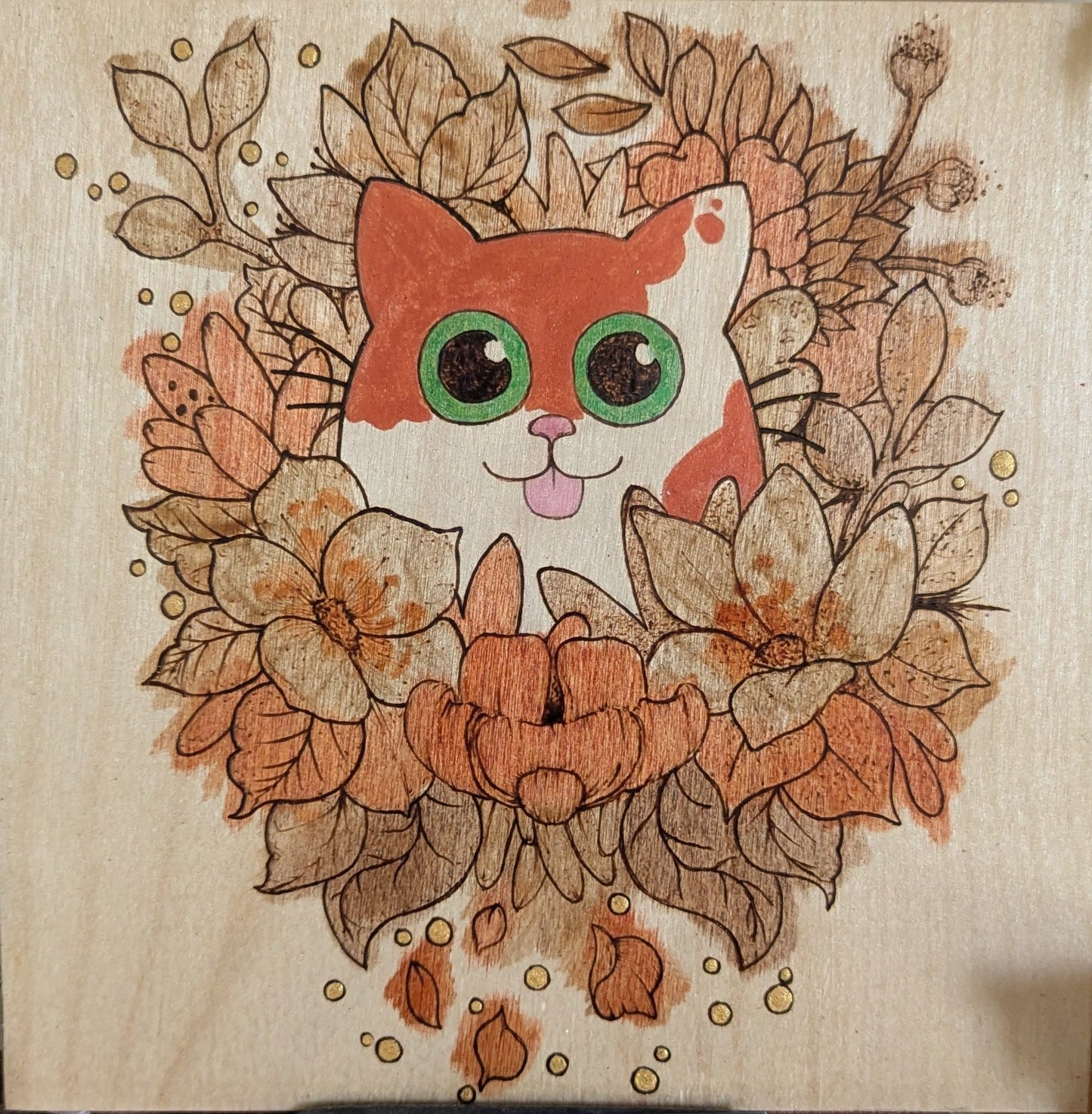 Cat in Bloom, Pyrography w/ Watercolors, Colored Foil Accents, on Wood, Wall/ Desk Art