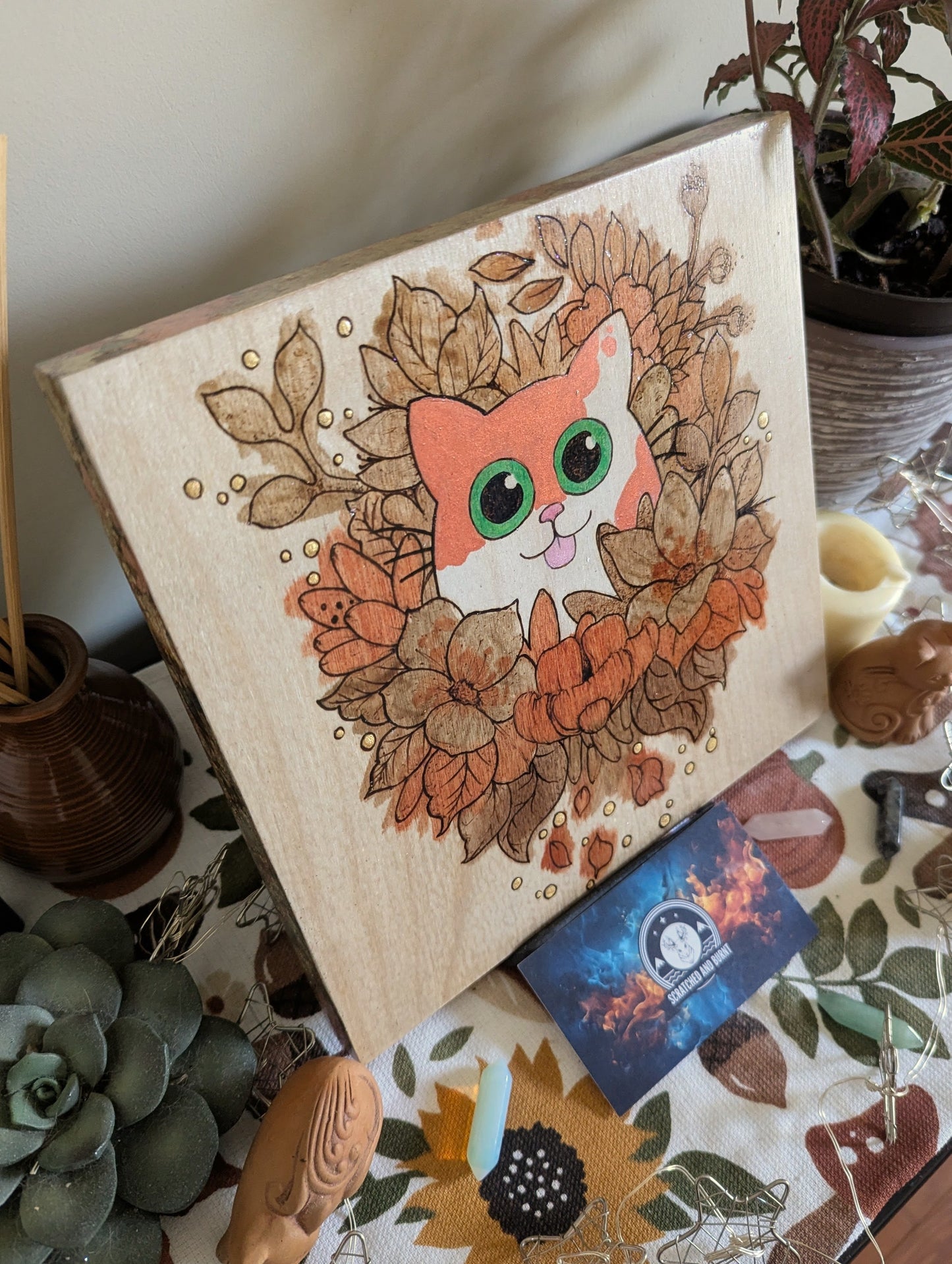 Cat in Bloom, Pyrography w/ Watercolors, Colored Foil Accents, on Wood, Wall/ Desk Art