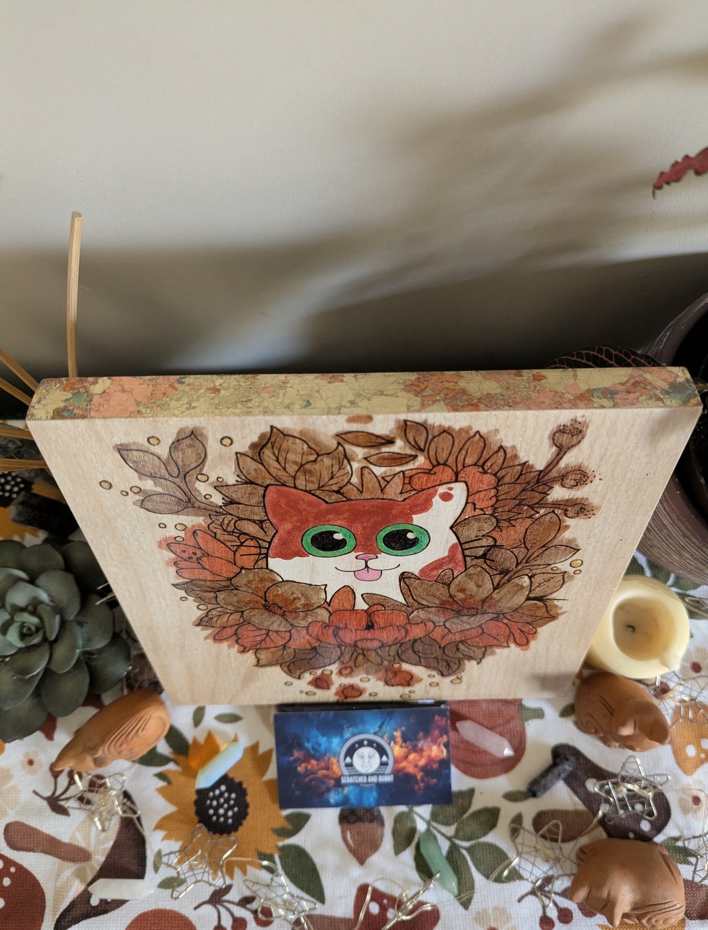 Cat in Bloom, Pyrography w/ Watercolors, Colored Foil Accents, on Wood, Wall/ Desk Art