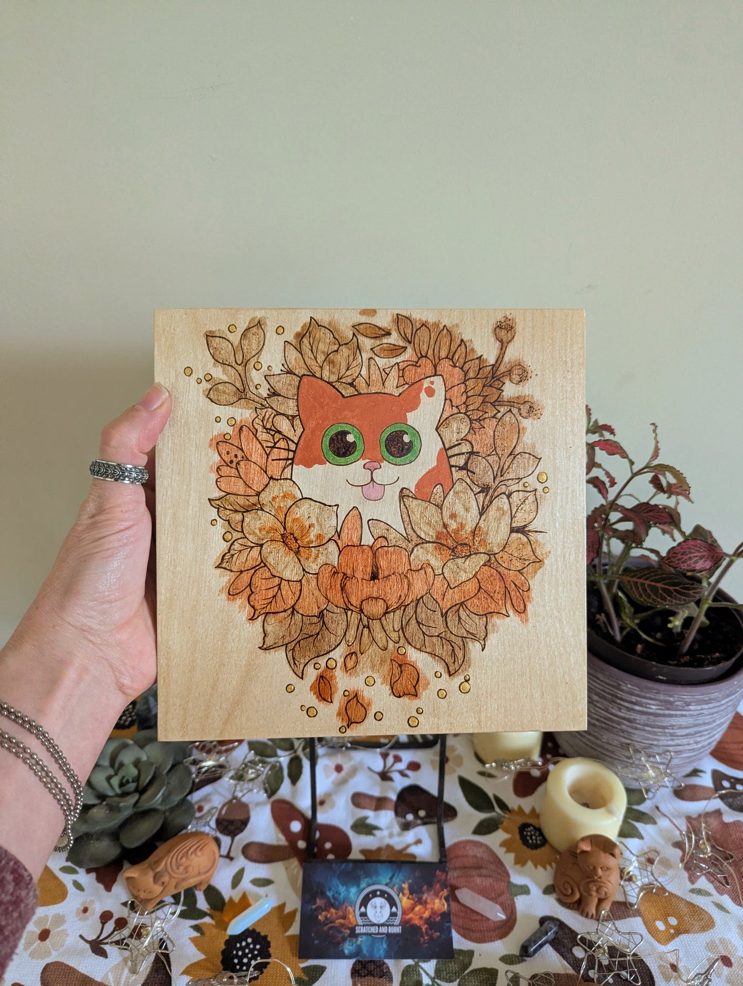Cat in Bloom, Pyrography w/ Watercolors, Colored Foil Accents, on Wood, Wall/ Desk Art