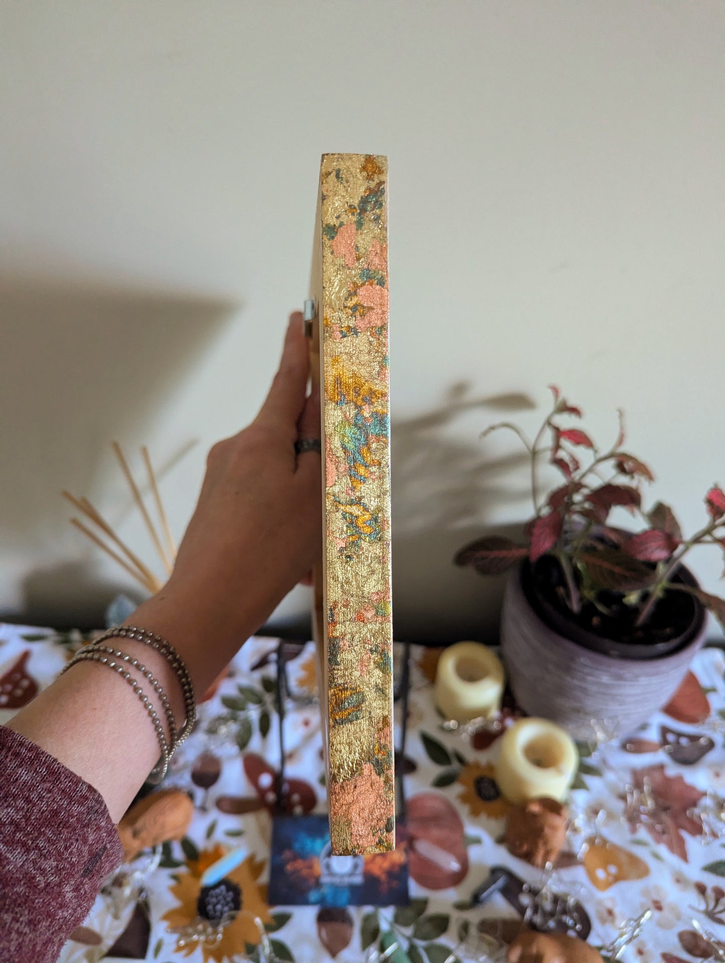 Cat in Bloom, Pyrography w/ Watercolors, Colored Foil Accents, on Wood, Wall/ Desk Art