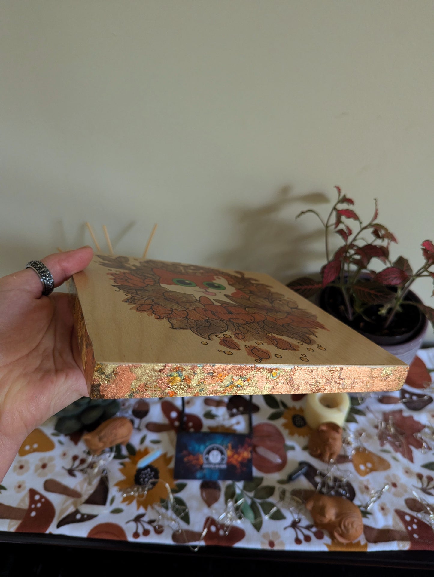 Cat in Bloom, Pyrography w/ Watercolors, Colored Foil Accents, on Wood, Wall/ Desk Art