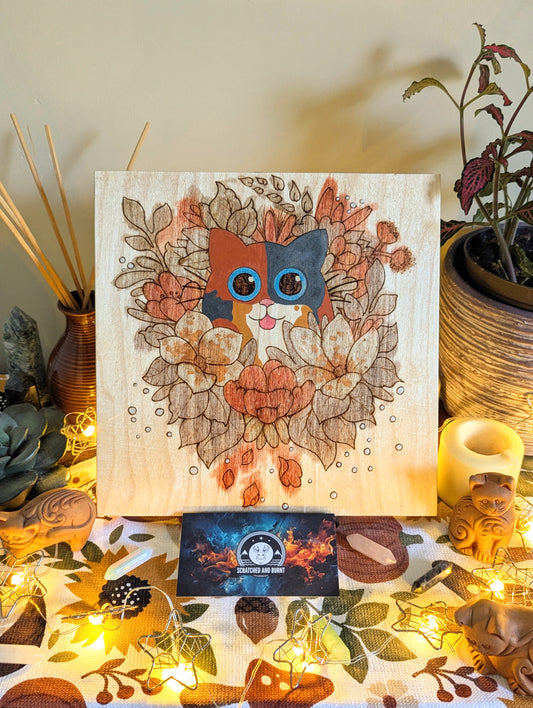 Cat in Bloom, Pyrography w/ Watercolors, Colored Foil Accents, on Wood, Wall/ Desk Art