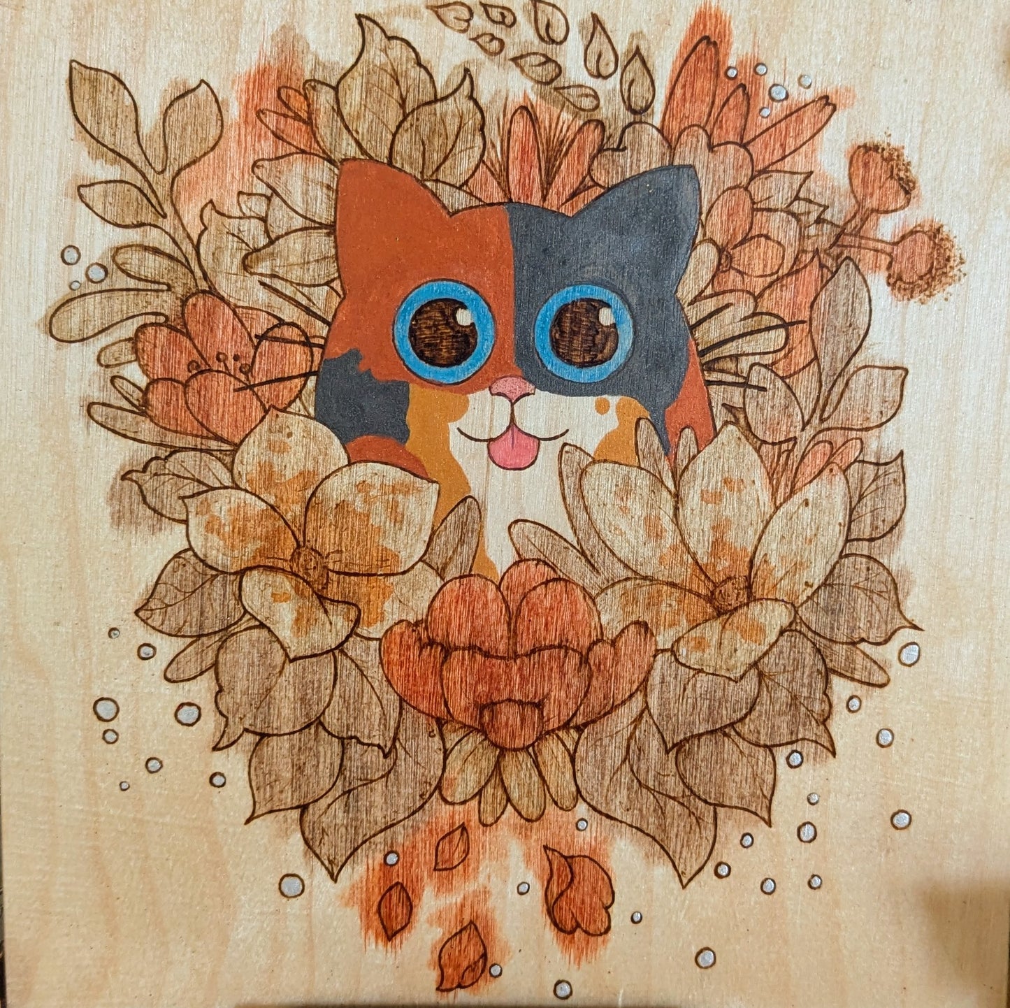 Cat in Bloom, Pyrography w/ Watercolors, Colored Foil Accents, on Wood, Wall/ Desk Art
