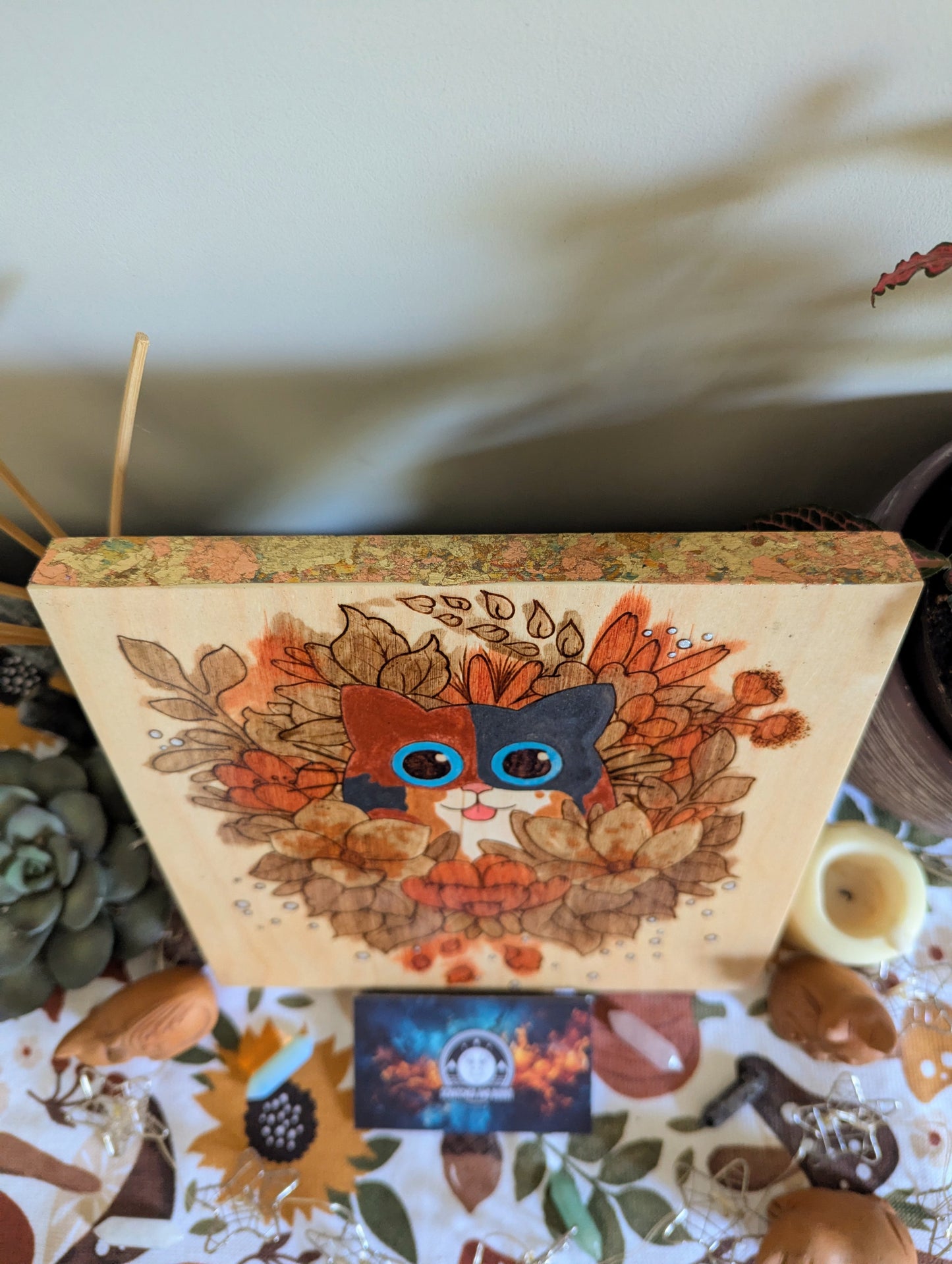 Cat in Bloom, Pyrography w/ Watercolors, Colored Foil Accents, on Wood, Wall/ Desk Art