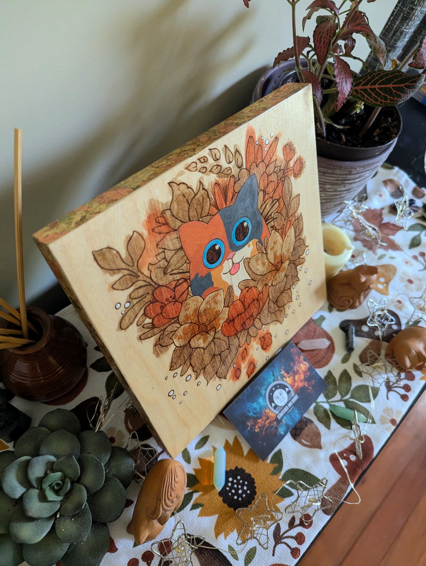 Cat in Bloom, Pyrography w/ Watercolors, Colored Foil Accents, on Wood, Wall/ Desk Art