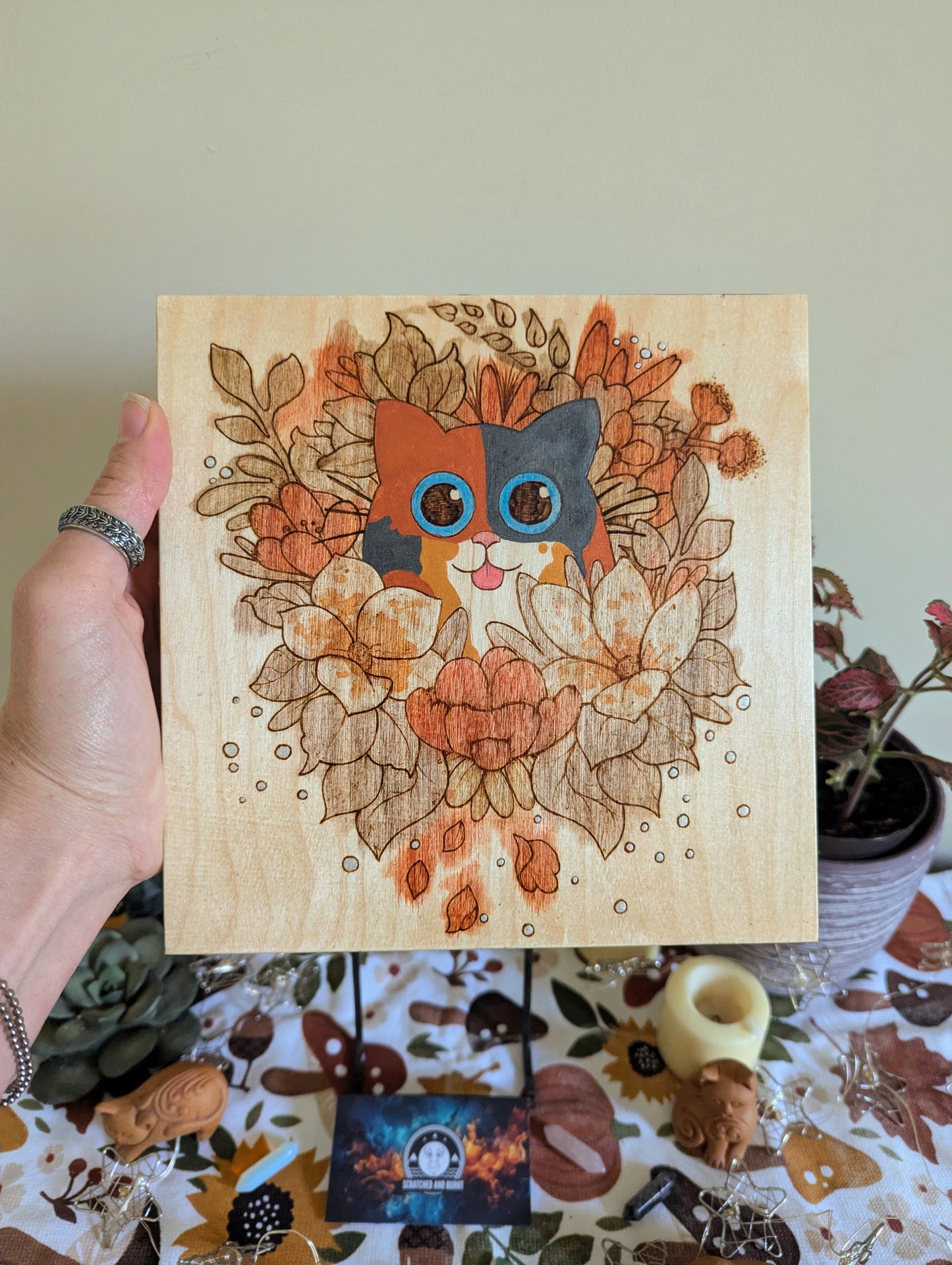 Cat in Bloom, Pyrography w/ Watercolors, Colored Foil Accents, on Wood, Wall/ Desk Art