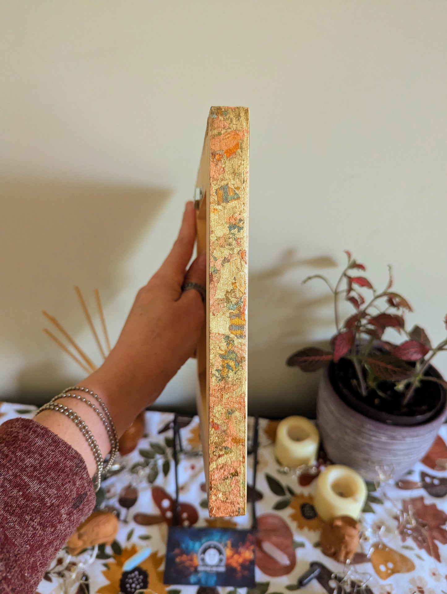 Cat in Bloom, Pyrography w/ Watercolors, Colored Foil Accents, on Wood, Wall/ Desk Art